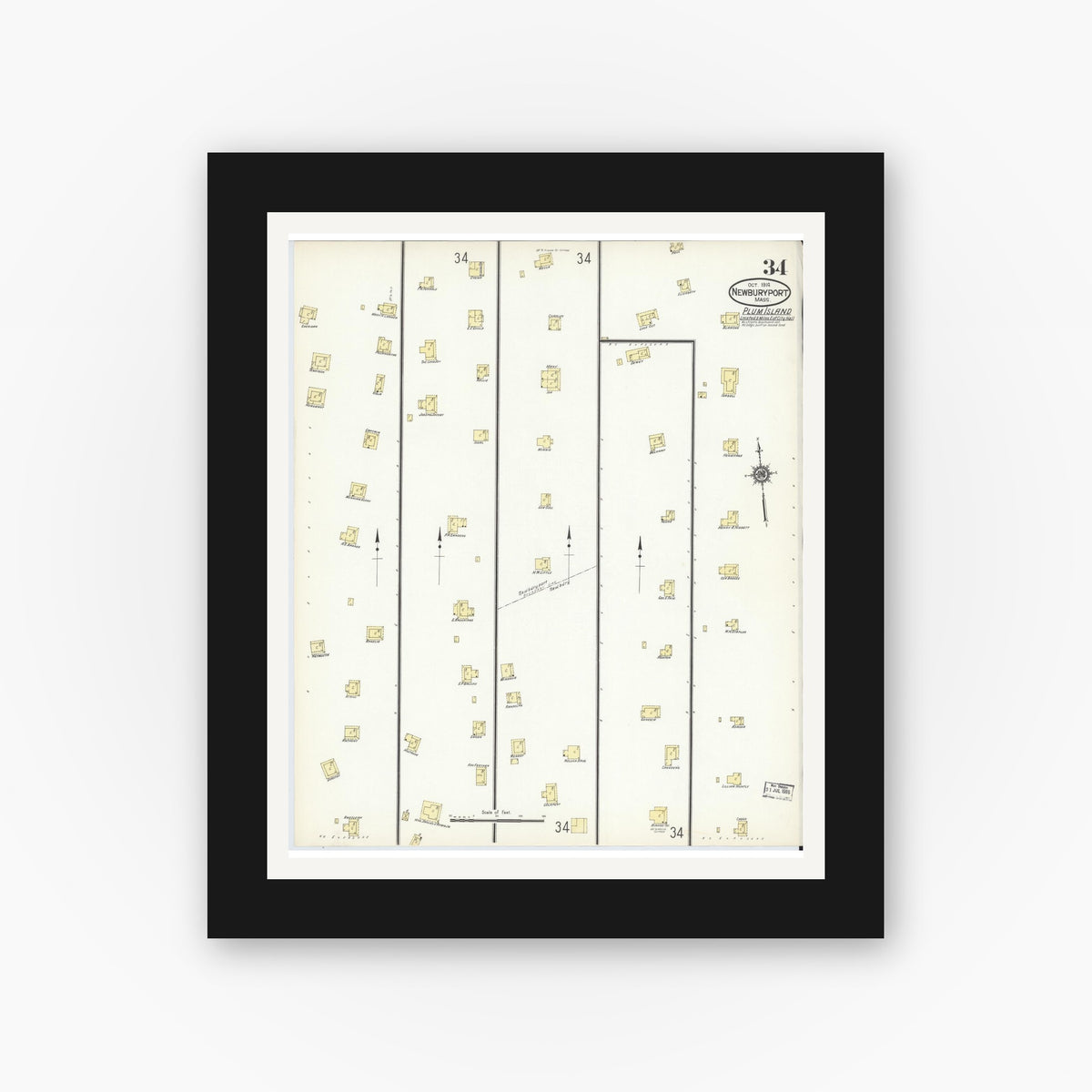 Old map wall art mockup — black gallery frame with white mat — Sanborn Fire Insurance Map from Newburyport, Essex County, Massachusetts (1914), Sheet #0034