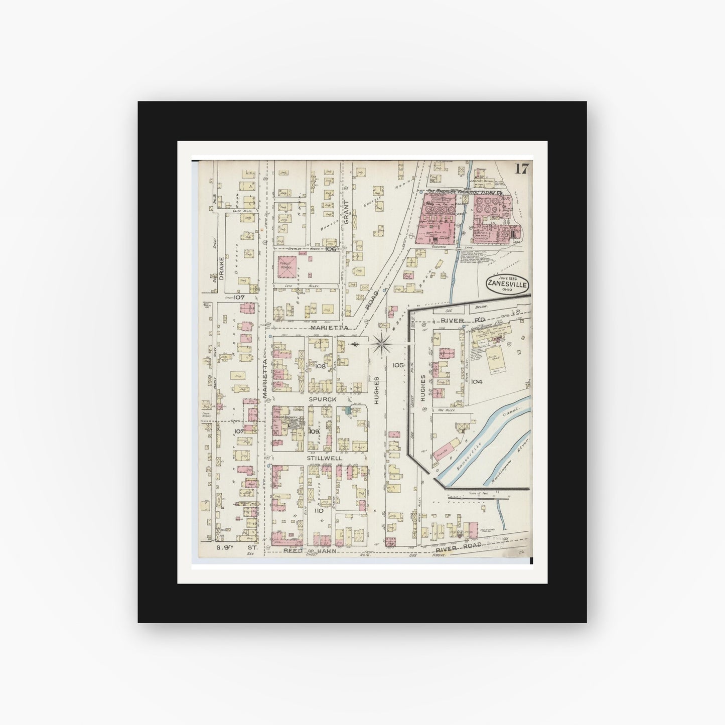 Old map wall art mockup — black gallery frame with white mat — Sanborn Fire Insurance Map from Zanesville, Muskingum County, Ohio (1886), Sheet #0017