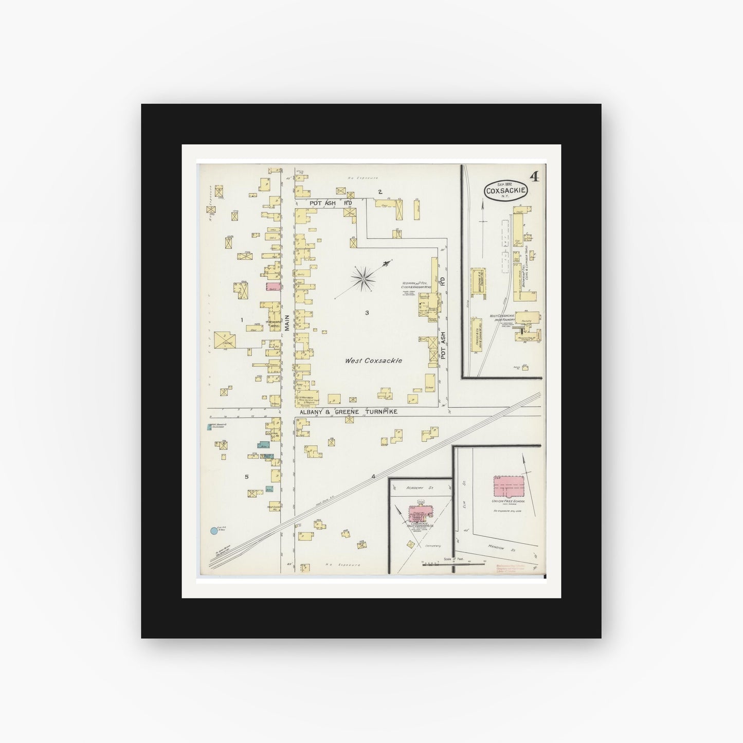 Old map wall art mockup — black gallery frame with white mat — Sanborn Fire Insurance Map from Coxsackie, Greene County, New York (1892), Sheet #0004