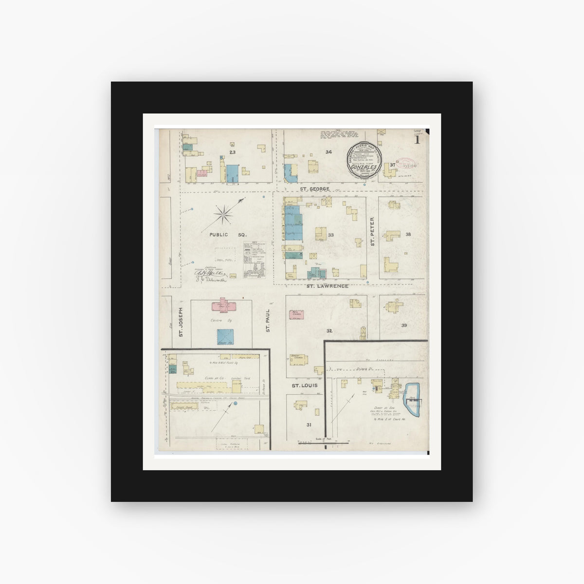 Old map wall art mockup — black gallery frame with white mat — Sanborn Fire Insurance Map from Gonzales, Gonzales County, Texas (1891), Sheet #0001