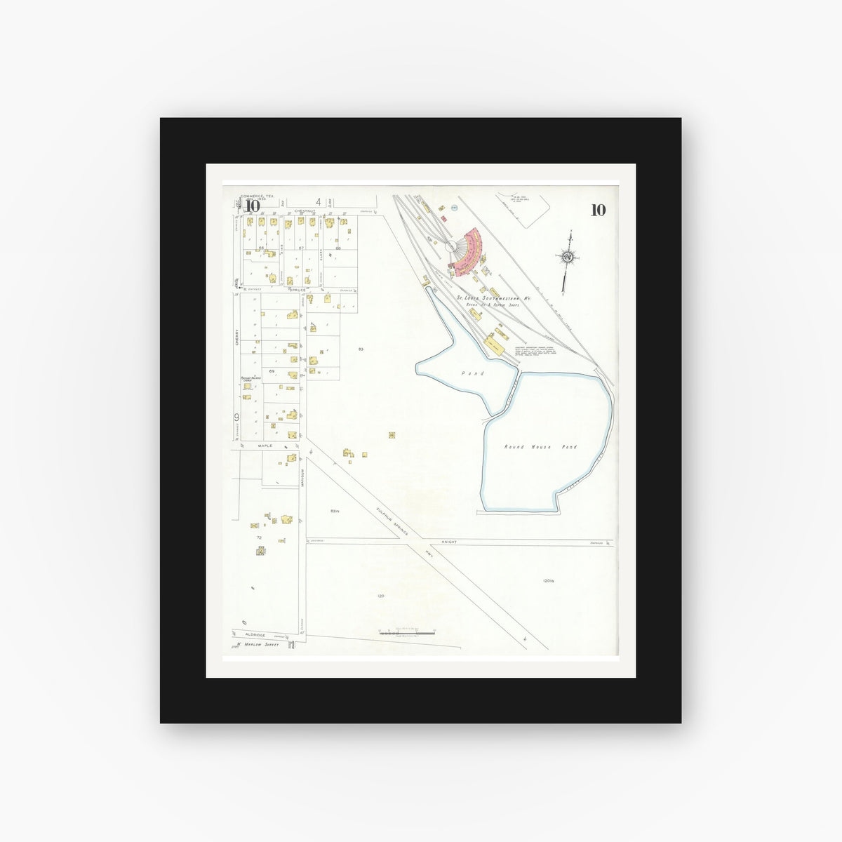 Old map wall art mockup — black gallery frame with white mat — Sanborn Fire Insurance Map from Commerce, Hunt County, Texas (1933), Sheet #0010