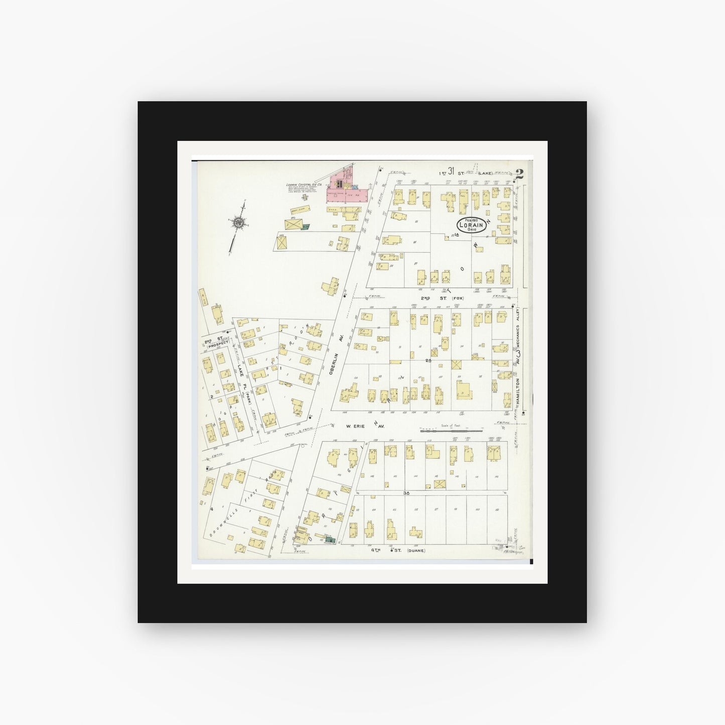 Old map wall art mockup — black gallery frame with white mat — Sanborn Fire Insurance Map from Lorain, Lorain County, Ohio (1910), Sheet #0002