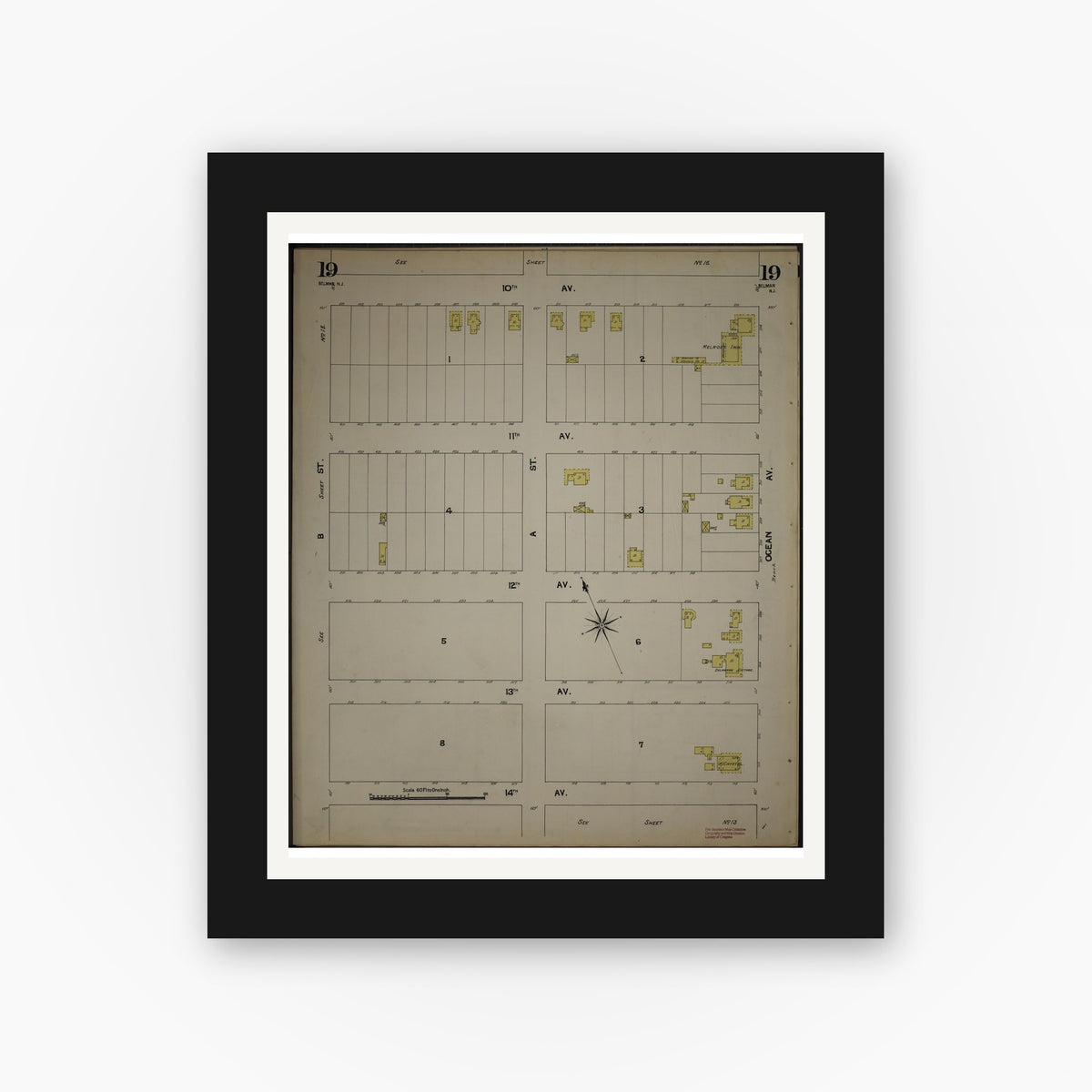 Old map wall art mockup — black gallery frame with white mat — Sanborn Fire Insurance Map from New Jersey Coast, New Jersey Coast, New Jersey (1890), Sheet #0019
