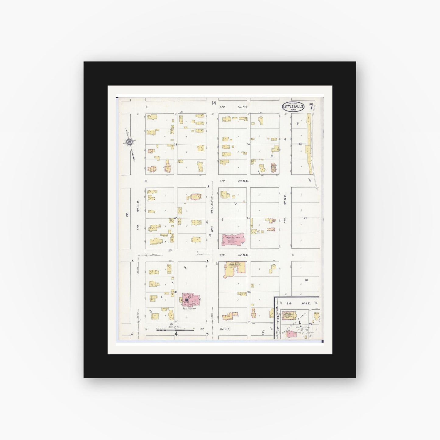 Old map wall art mockup — black gallery frame with white mat — Sanborn Fire Insurance Map from Little Falls, Morrison County, Minnesota (1915), Sheet #0007