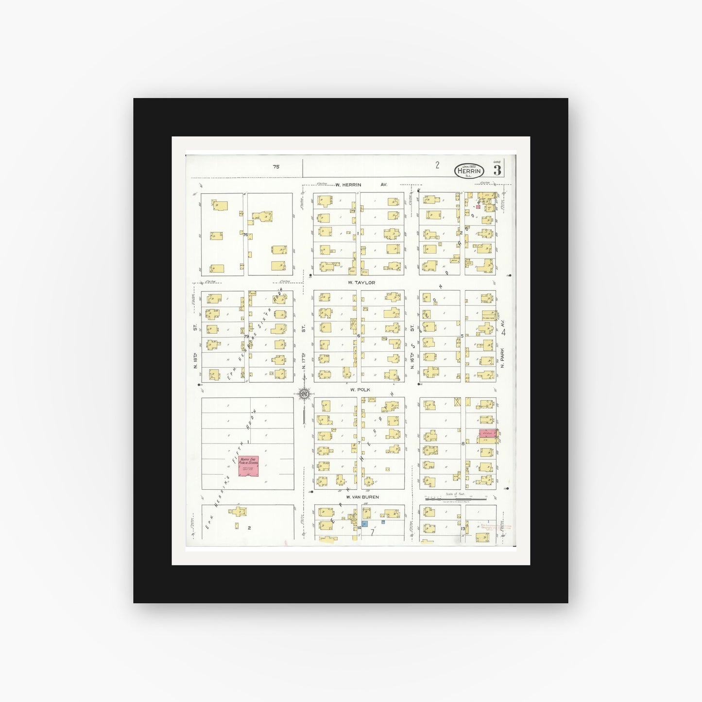 Old map wall art mockup — black gallery frame with white mat — Sanborn Fire Insurance Map from Herrin, Williamson County, Illinois (1922), Sheet #0003