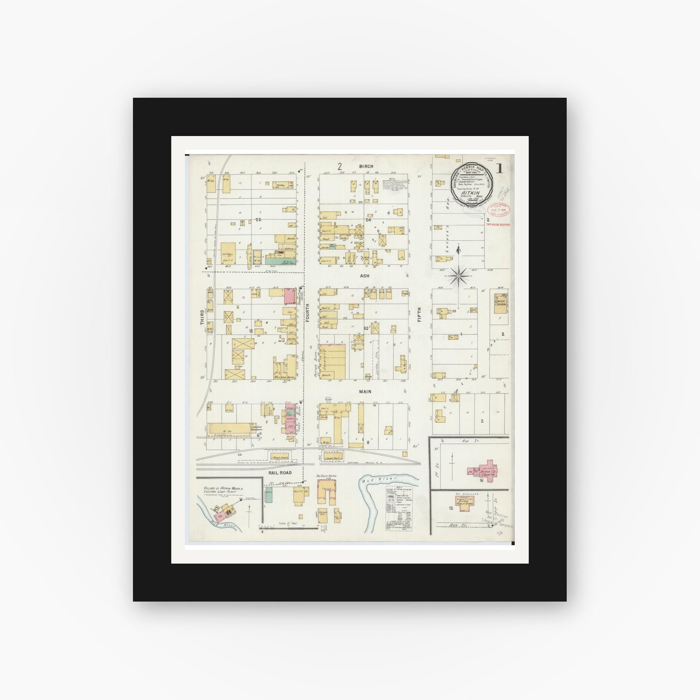 Old map wall art mockup — black gallery frame with white mat — Sanborn Fire Insurance Map from Aitkin, Aitkin County, Minnesota (1898), Sheet #0001