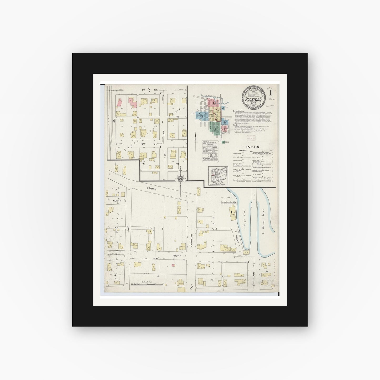 Old map wall art mockup — black gallery frame with white mat — Sanborn Fire Insurance Map from Rockford, Mercer County, Ohio (1915), Sheet #0001