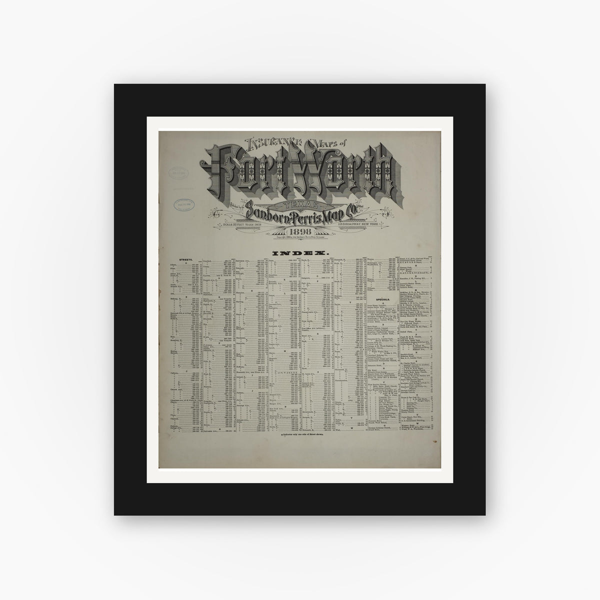Old map wall art mockup — black gallery frame with white mat — Sanborn Fire Insurance Map from Fort Worth, Tarrant County, Texas (1898), Sheet #0001