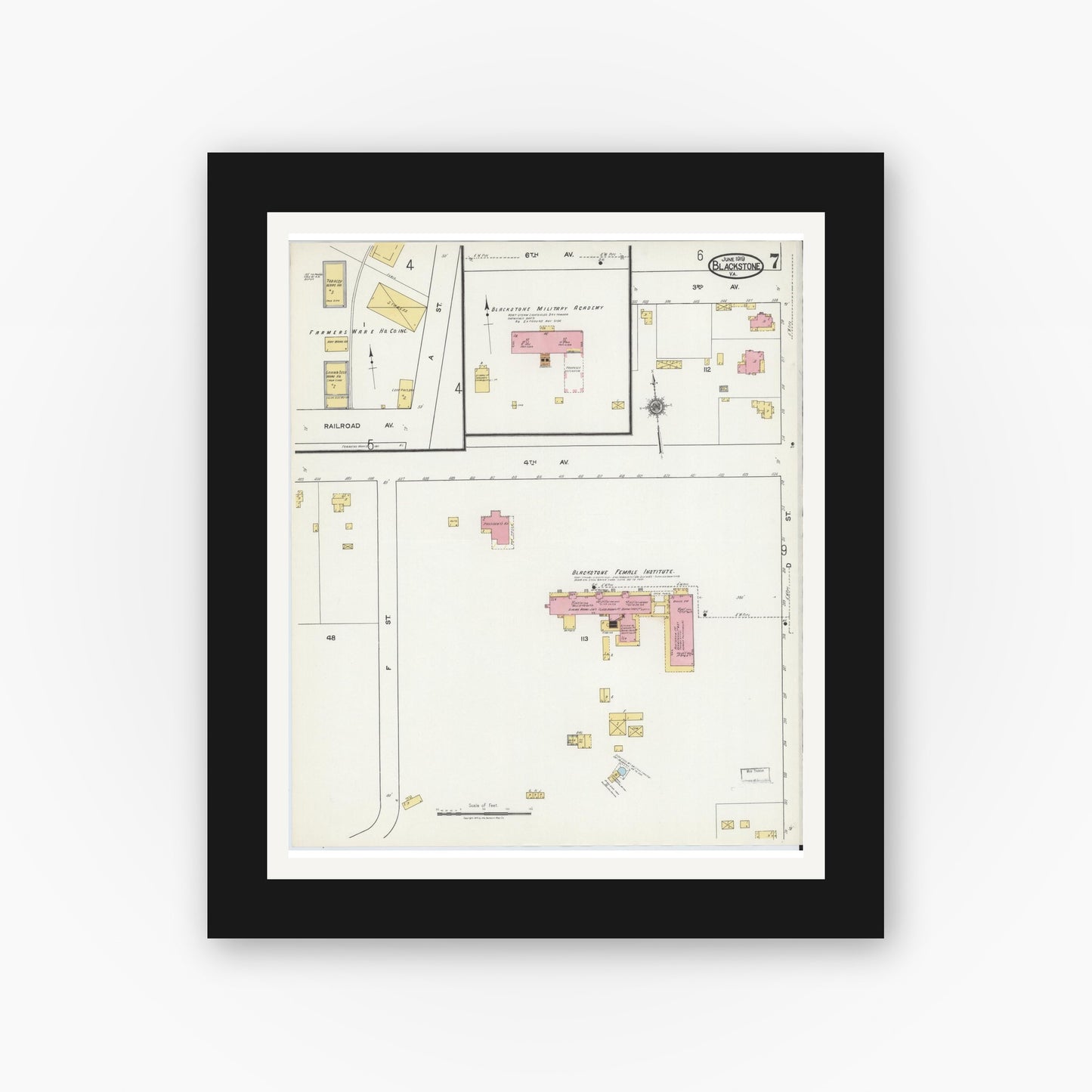 Old map wall art mockup — black gallery frame with white mat — Sanborn Fire Insurance Map from Blackstone, Nottoway County, Virginia (1919), Sheet #0007