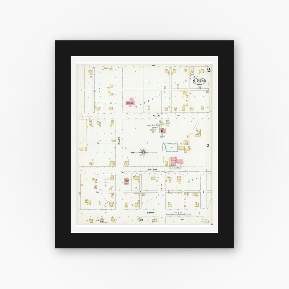Old map wall art mockup — black gallery frame with white mat — Sanborn Fire Insurance Map from Ligonier, Noble County, Indiana (1901), Sheet #0002