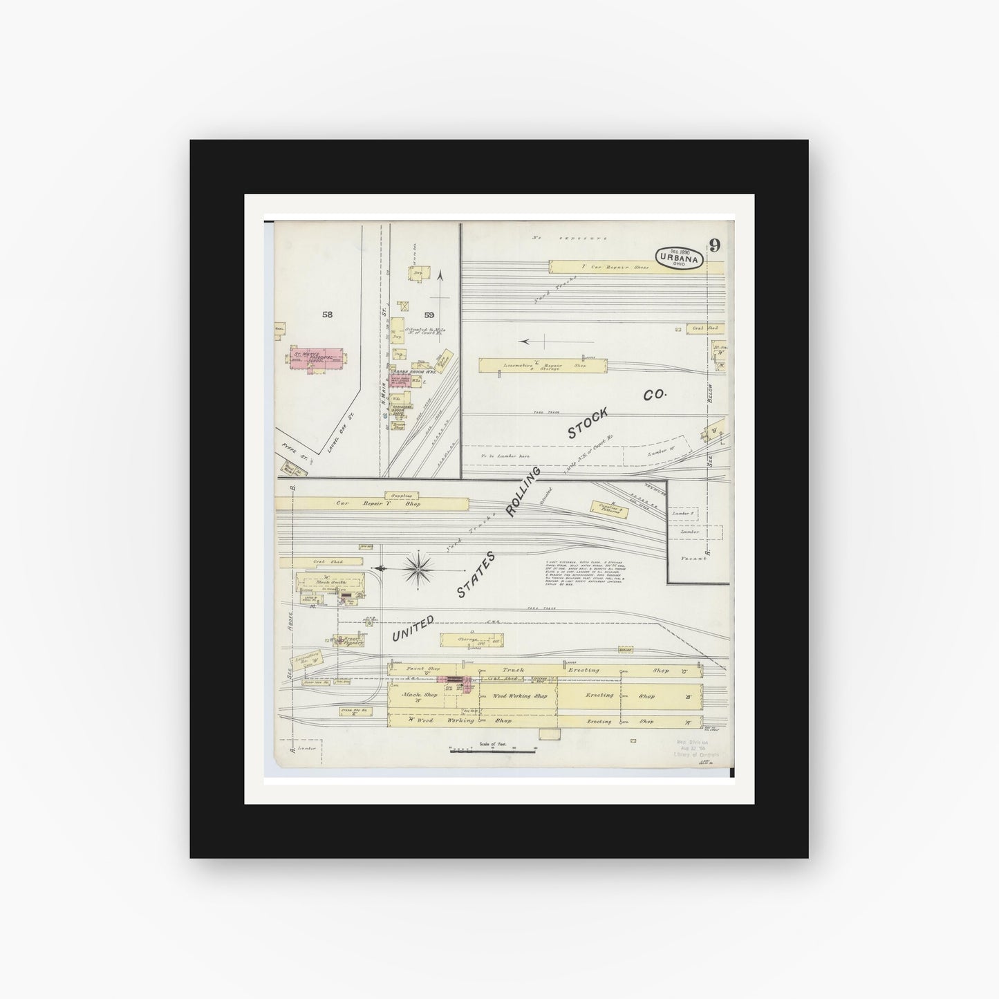 Old map wall art mockup — black gallery frame with white mat — Sanborn Fire Insurance Map from Urbana, Champaign County, Ohio (1890), Sheet #0009