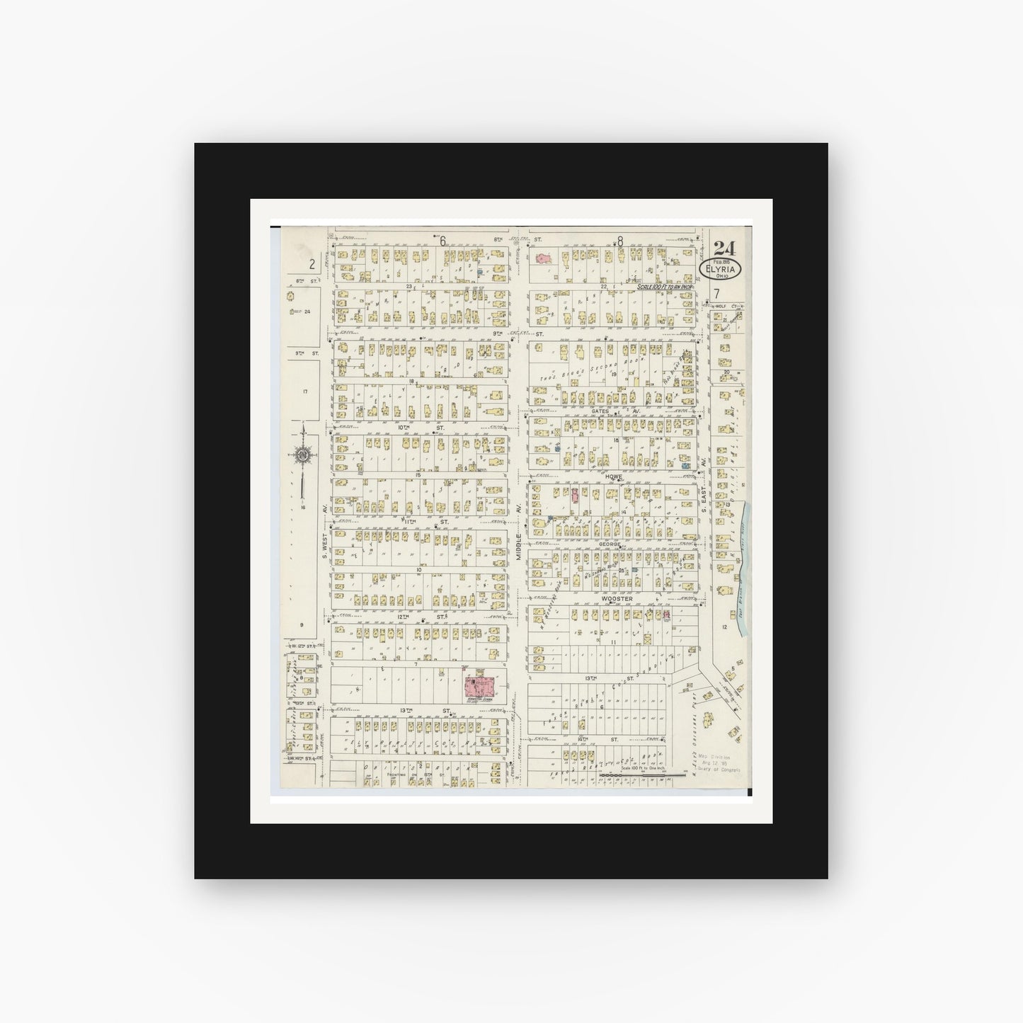 Old map wall art mockup — black gallery frame with white mat — Sanborn Fire Insurance Map from Elyria, Lorain County, Ohio (1915), Sheet #0024