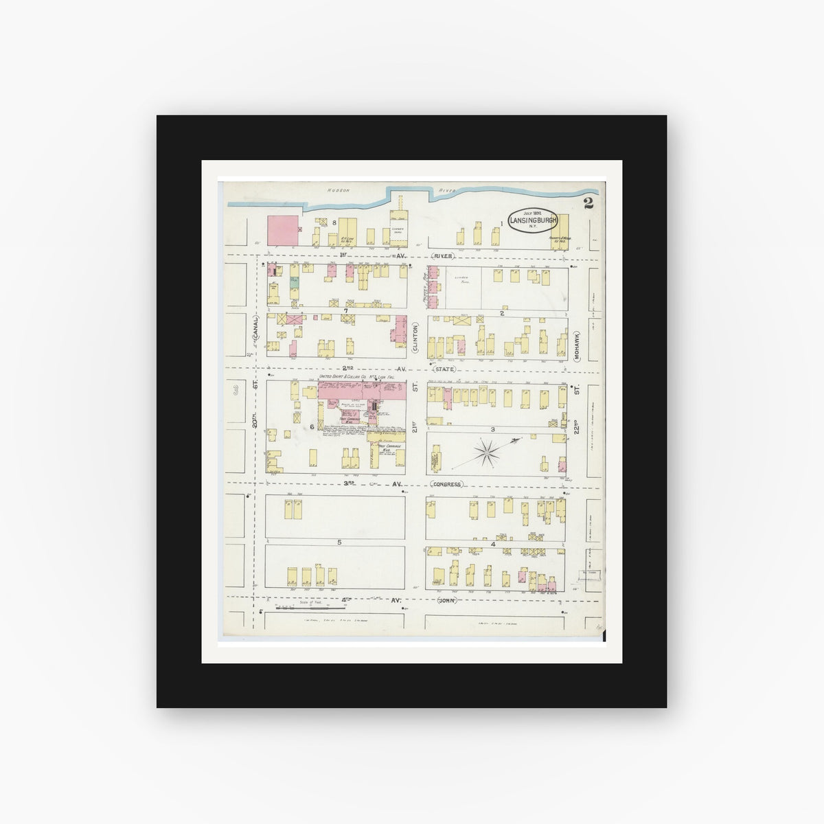 Old map wall art mockup — black gallery frame with white mat — Sanborn Fire Insurance Map from Lansingburg, Rensselaer County, New York (1892) - Complete Map Set