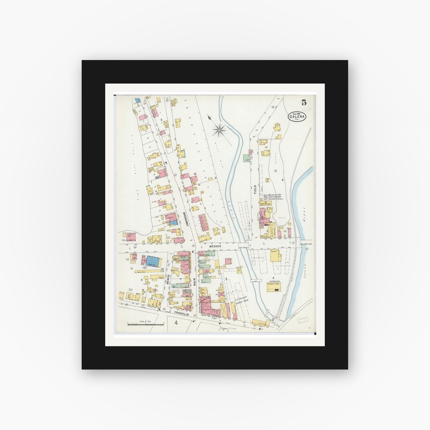 Old map wall art mockup — black gallery frame with white mat — Sanborn Fire Insurance Map from Galena, Jo Daviess County, Illinois (1898), Sheet #0005