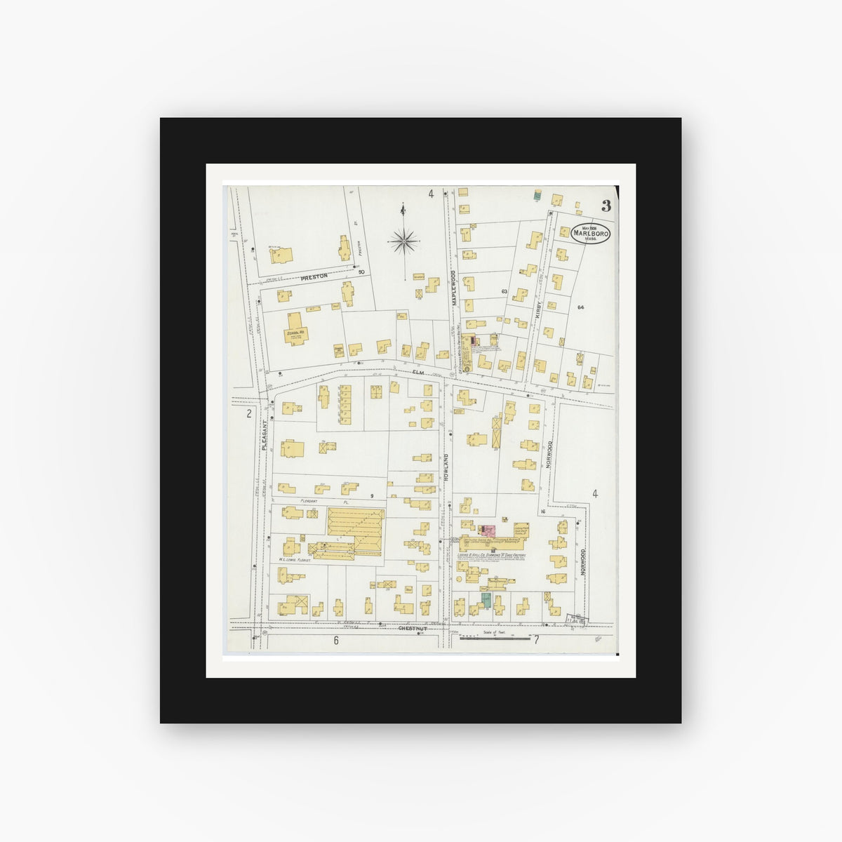 Old map wall art mockup — black gallery frame with white mat — Sanborn Fire Insurance Map from Marlborough, Middlesex County, Massachusetts (1906), Sheet #0003