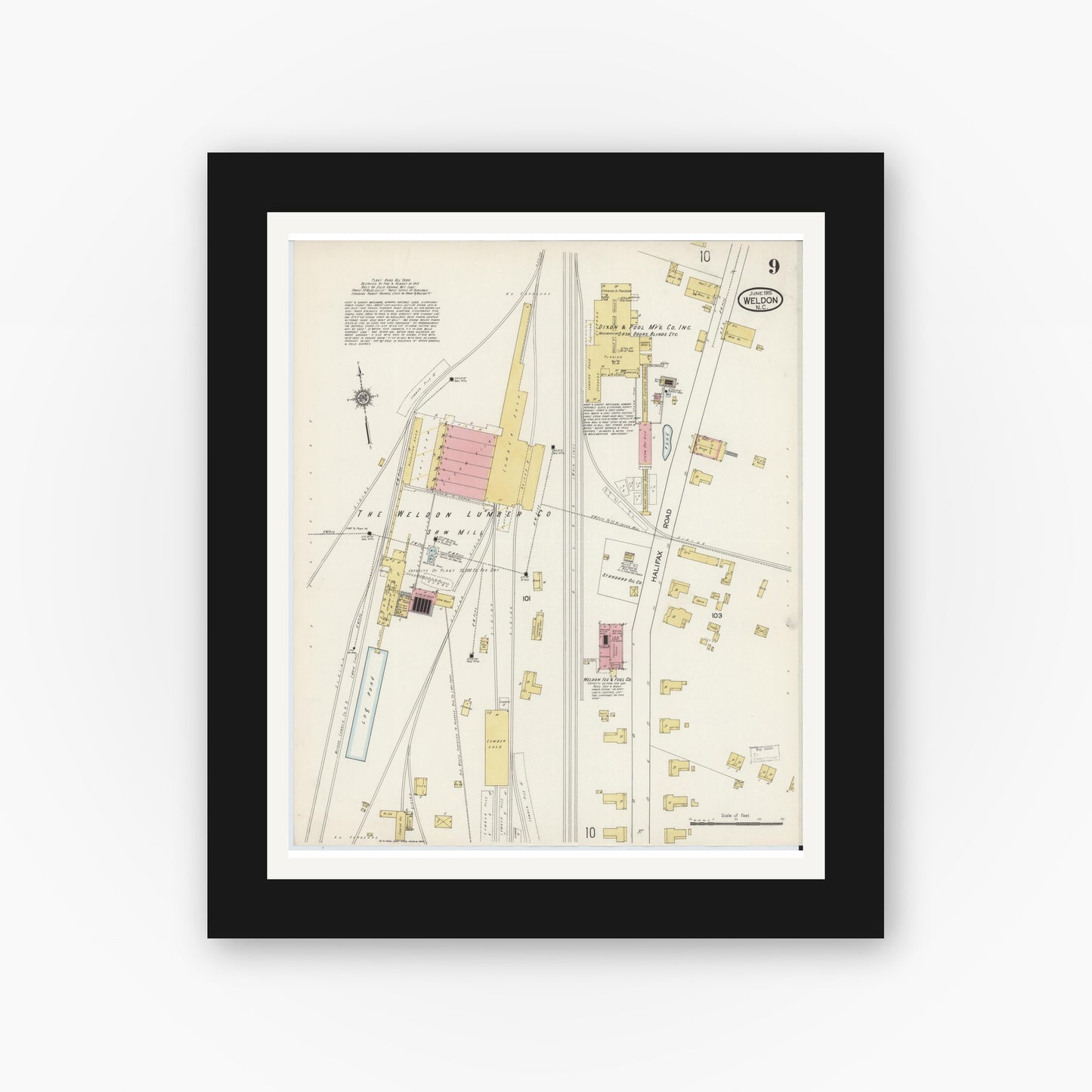 Old map wall art mockup — black gallery frame with white mat — Sanborn Fire Insurance Map from Weldon, Halifax County, North Carolina (1915), Sheet #0009