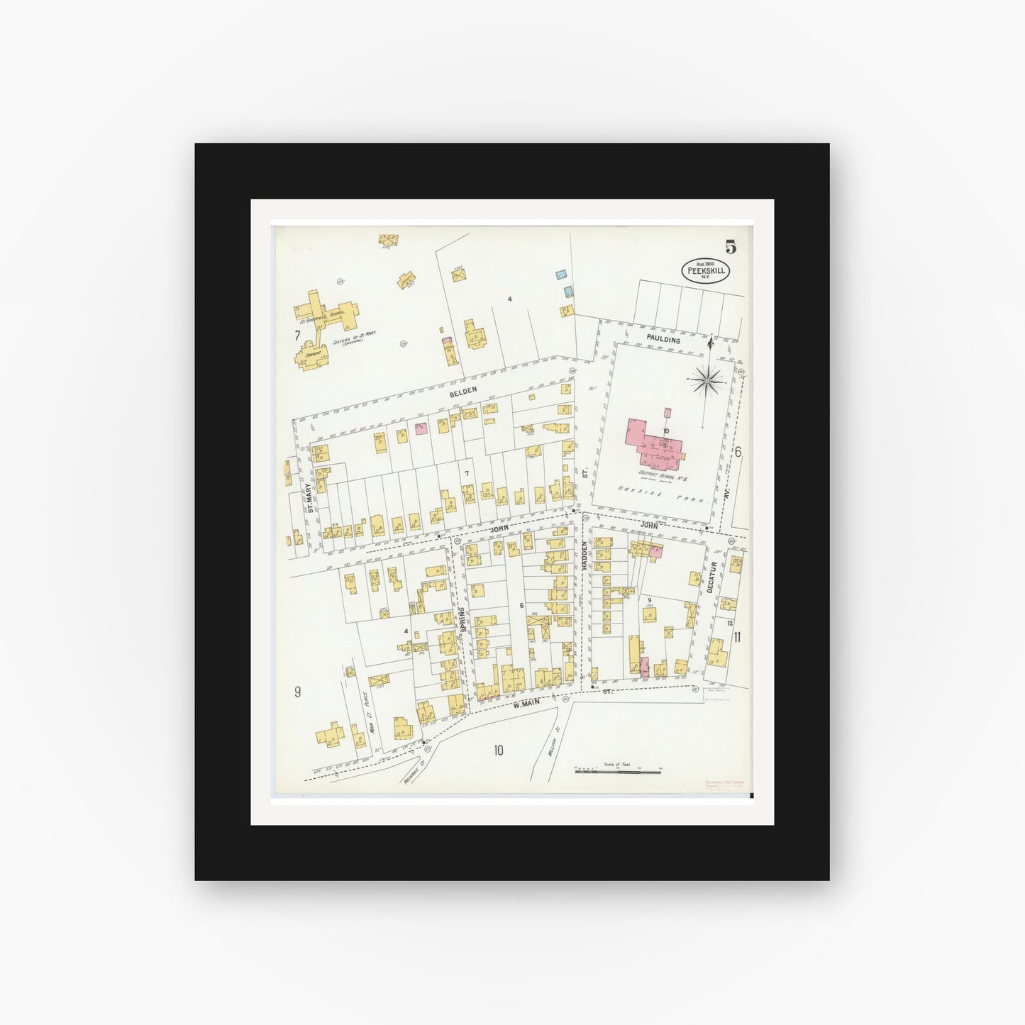 Old map wall art mockup — black gallery frame with white mat — Sanborn Fire Insurance Map from Peekskill, Westchester County, New York (1900), Sheet #0005