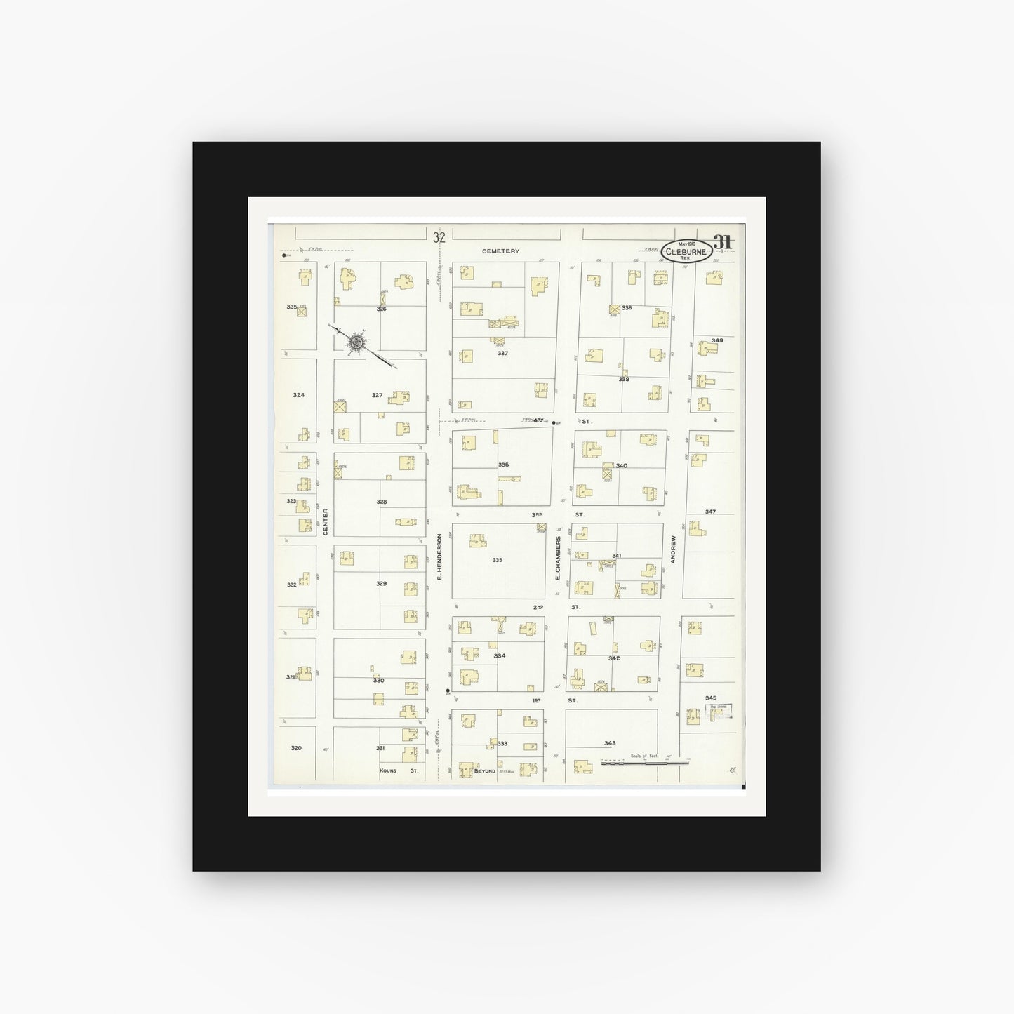 Old map wall art mockup — black gallery frame with white mat — Sanborn Fire Insurance Map from Cleburne, Johnson County, Texas (1910), Sheet #0031
