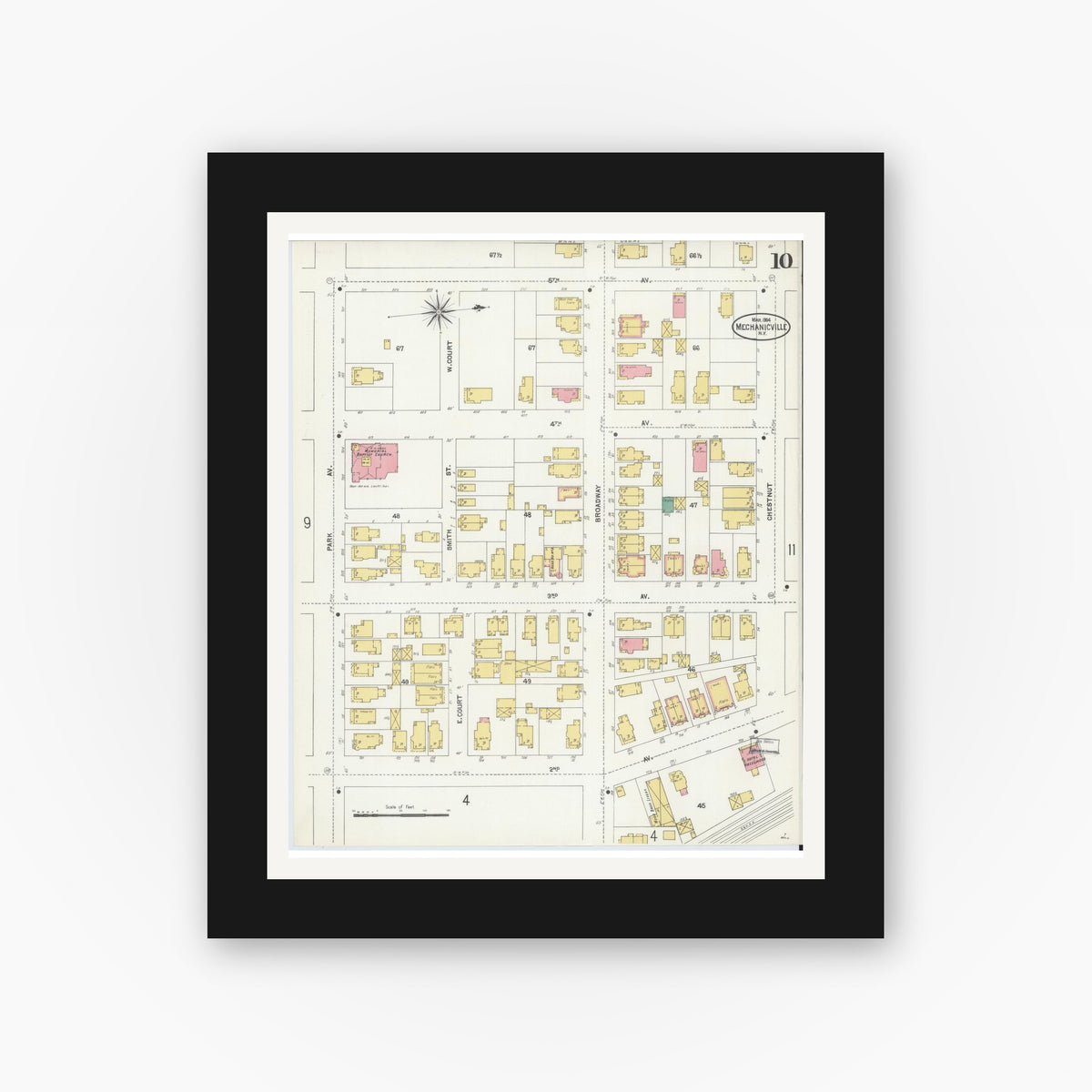 Old map wall art mockup — black gallery frame with white mat — Sanborn Fire Insurance Map from Mechanicville, Saratoga County, New York (1904), Sheet #0009