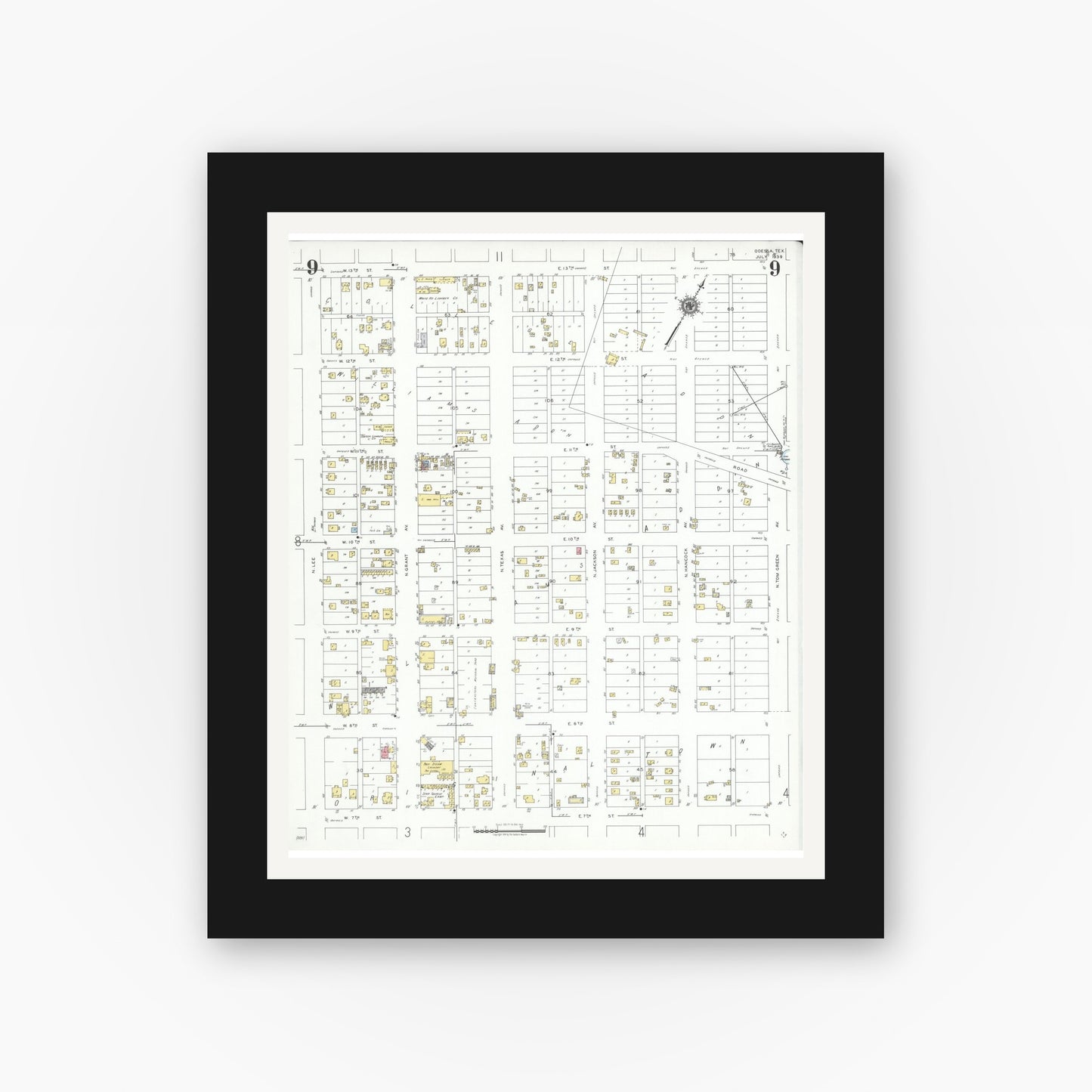 Old map wall art mockup — black gallery frame with white mat — Sanborn Fire Insurance Map from Odessa, Edger County, Texas (1939), Sheet #0009