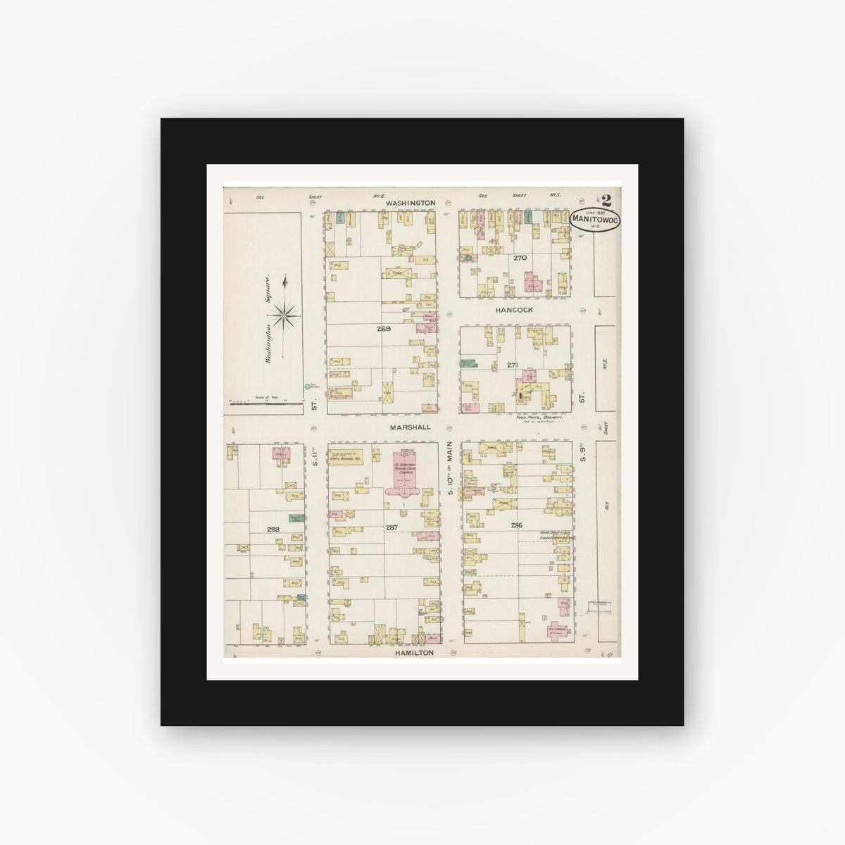 Old map wall art mockup — black gallery frame with white mat — Sanborn Fire Insurance Map from Manitowoc, Manitowoc County, Wisconsin (1887), Sheet #0002