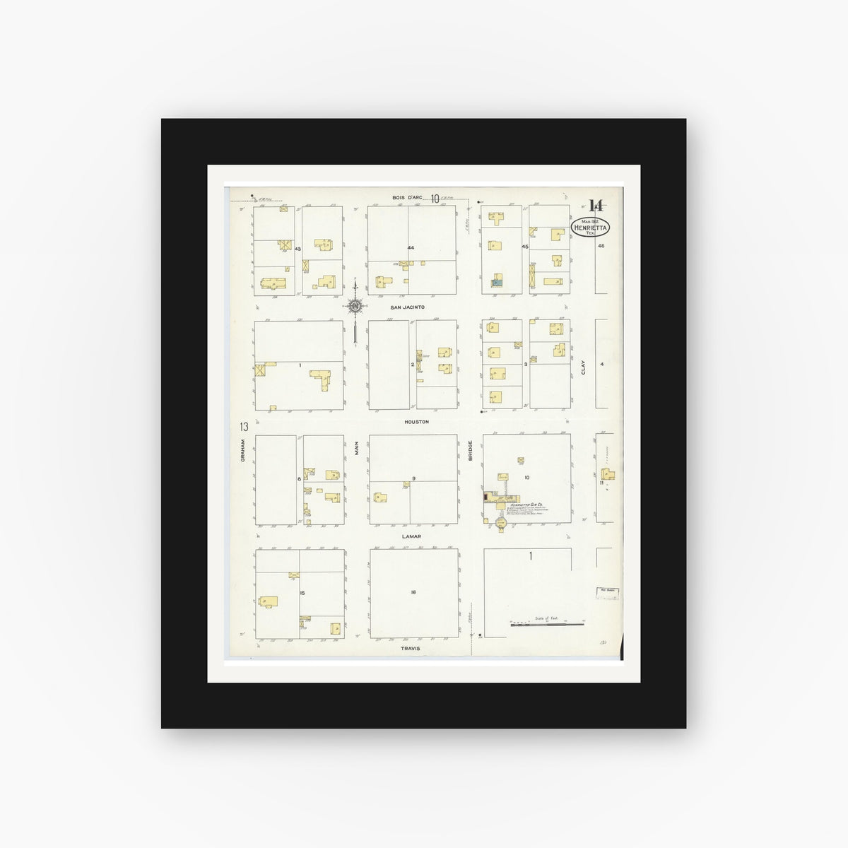 Old map wall art mockup — black gallery frame with white mat — Sanborn Fire Insurance Map from Henrietta, Clay County, Texas (1912), Sheet #0014