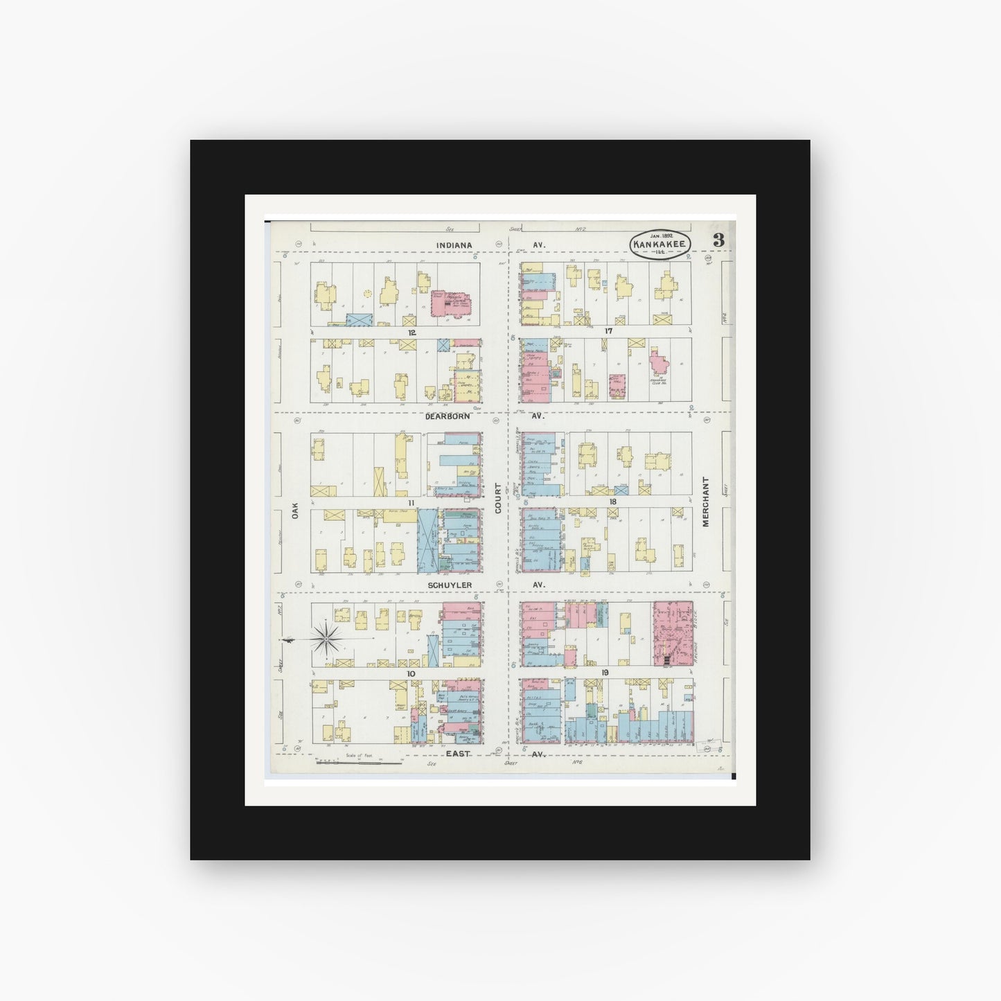 Old map wall art mockup — black gallery frame with white mat — Sanborn Fire Insurance Map from Kankakee, Kankakee County, Illinois (1892), Sheet #0003