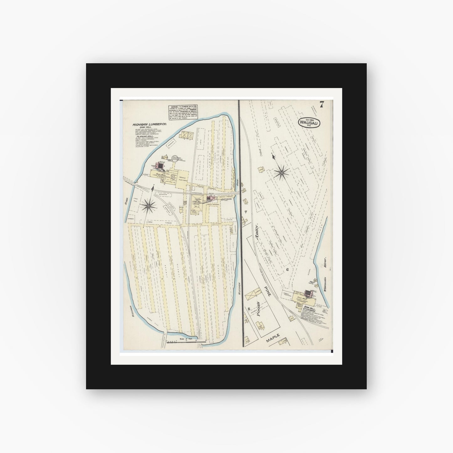 Old map wall art mockup — black gallery frame with white mat — Sanborn Fire Insurance Map from Wausau, Marathon County, Wisconsin (1884), Sheet #0007
