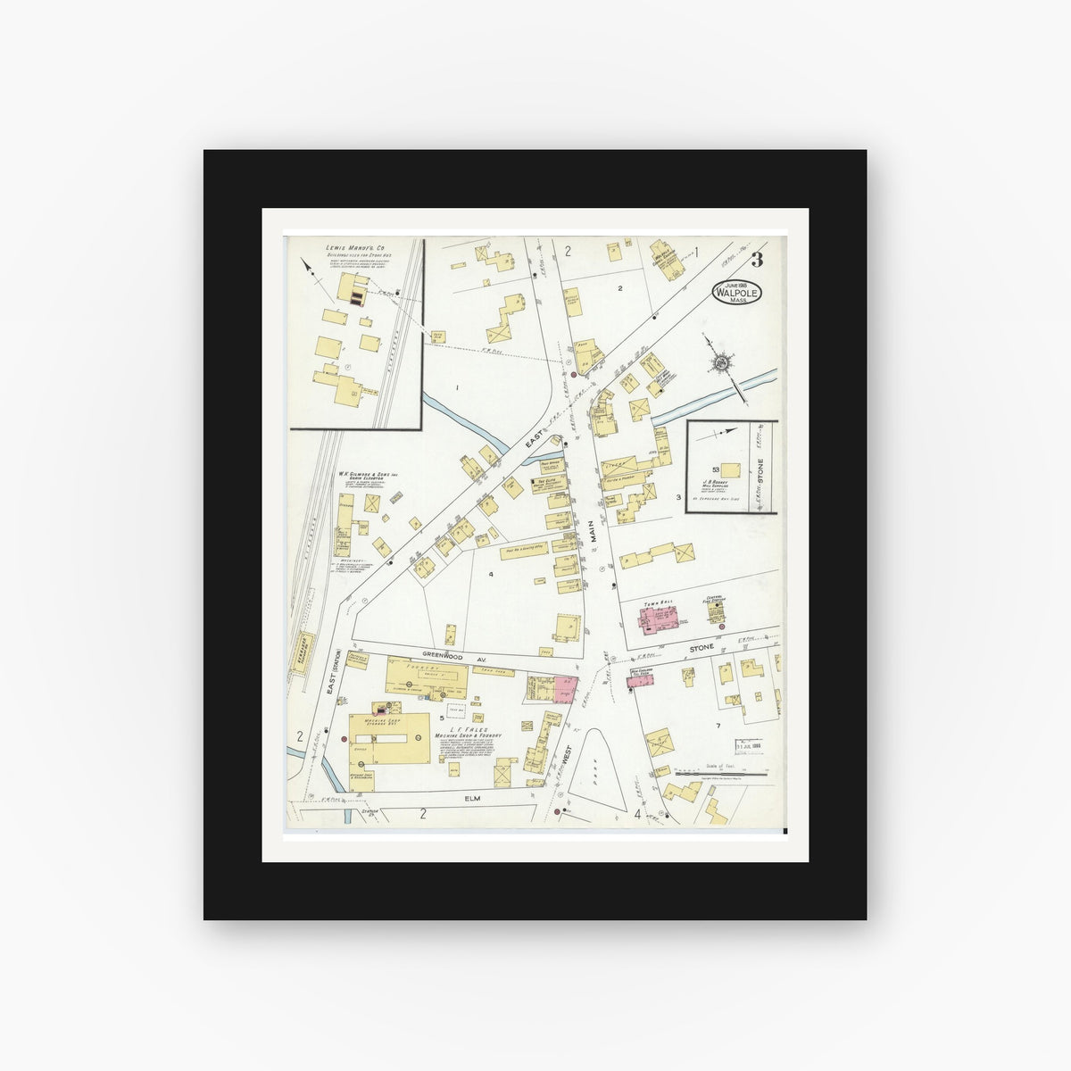 Old map wall art mockup — black gallery frame with white mat — Sanborn Fire Insurance Map from Walpole, Norfolk County, Massachusetts (1918), Sheet #0003