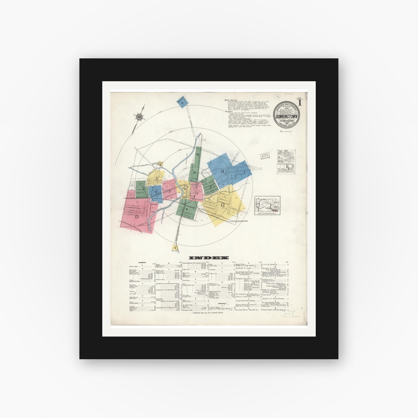 Old map wall art mockup — black gallery frame with white mat — Sanborn Fire Insurance Map from Downingtown, Chester County, Pennsylvania (1921), Sheet #0001