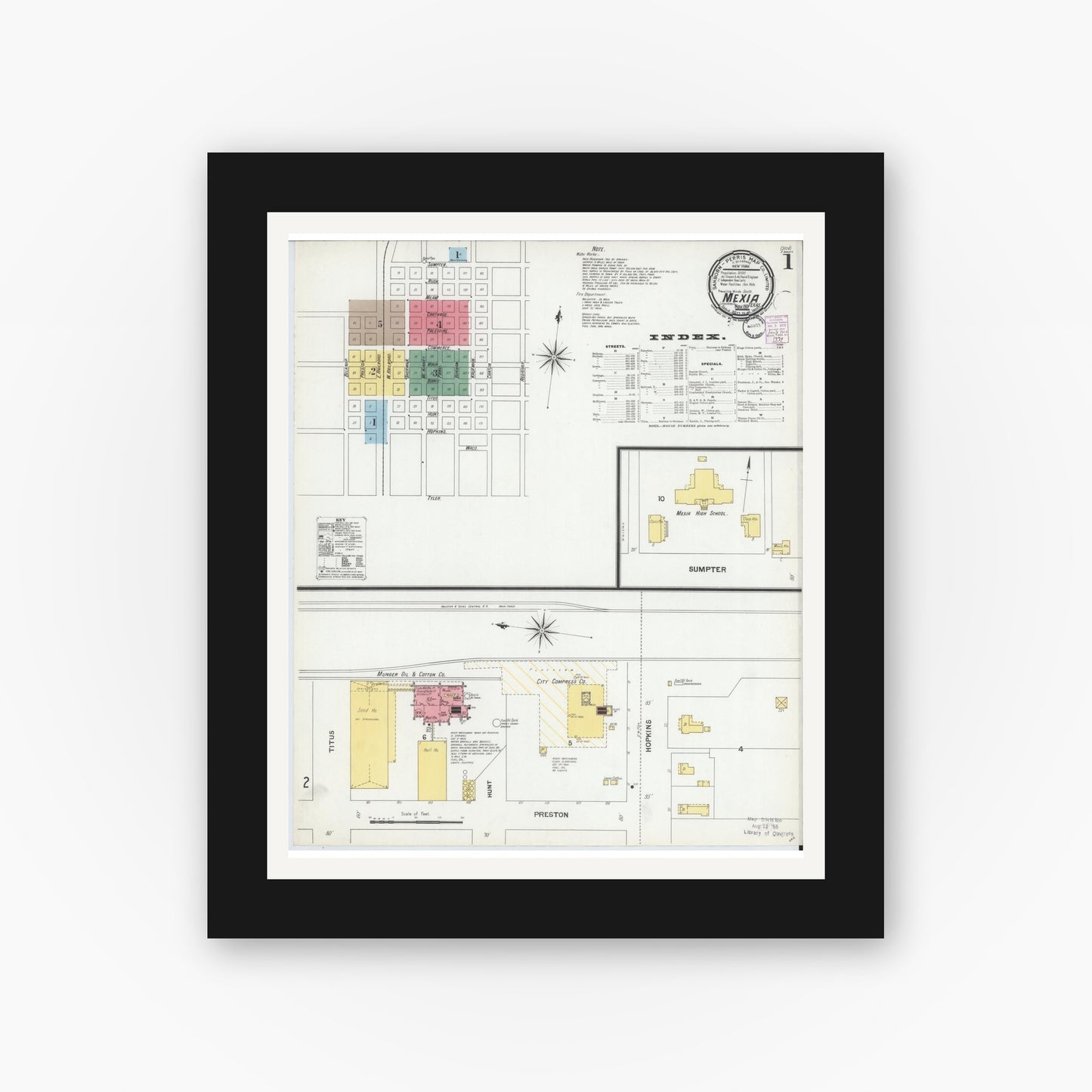 Old map wall art mockup — black gallery frame with white mat — Sanborn Fire Insurance Map from Mexia, Limestone County, Texas (1901), Sheet #0001