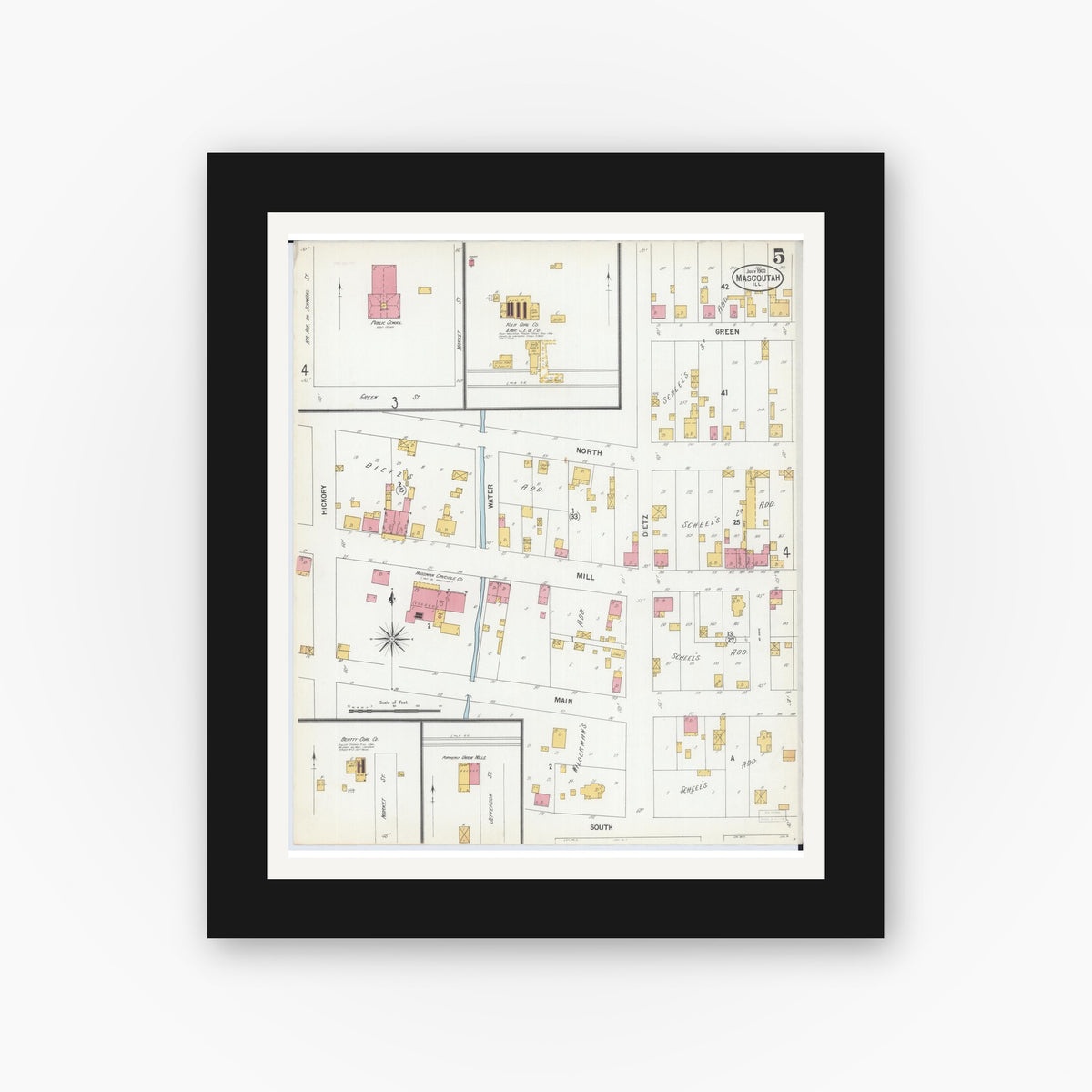 Old map wall art mockup — black gallery frame with white mat — Sanborn Fire Insurance Map from Mascoutah, Saint Clair County, Illinois (1900), Sheet #0005
