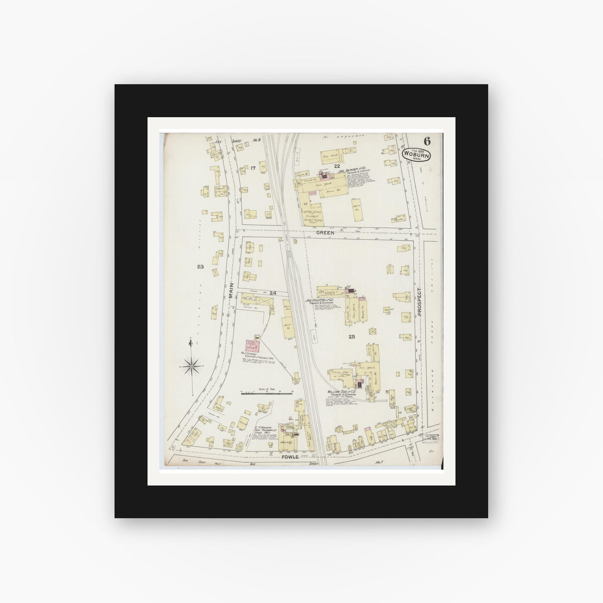 Old map wall art mockup — black gallery frame with white mat — Sanborn Fire Insurance Map from Woburn, Middlesex County, Massachusetts (1888), Sheet #0006