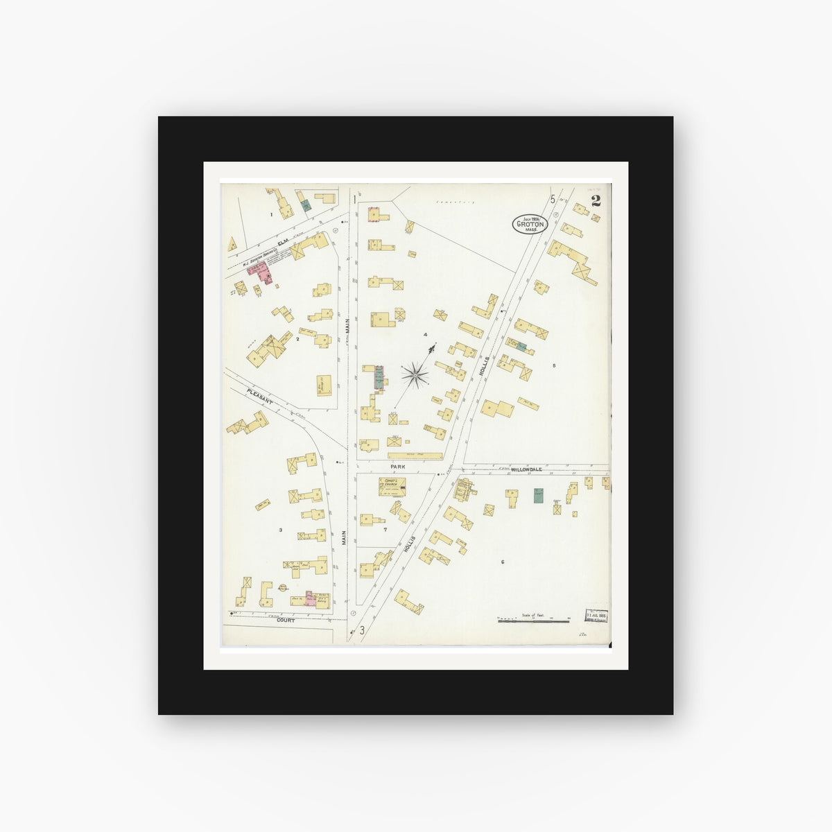 Old map wall art mockup — black gallery frame with white mat — Sanborn Fire Insurance Map from Groton, Middlesex County, Massachusetts (1906), Sheet #0002