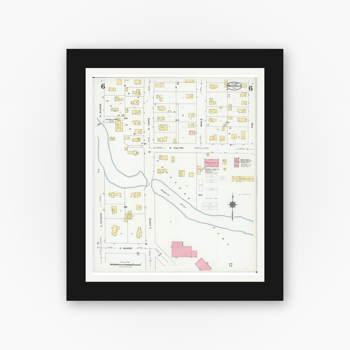 Old map wall art mockup — black gallery frame with white mat — Sanborn Fire Insurance Map from Waupaca, Waupaca County, Wisconsin (1924), Sheet #0006