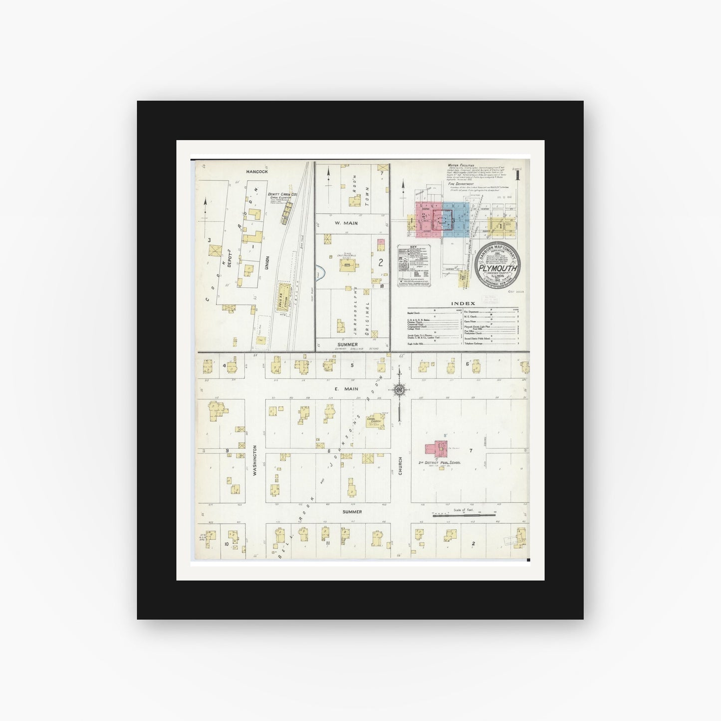 Old map wall art mockup — black gallery frame with white mat — Sanborn Fire Insurance Map from Plymouth, Hancock County, Illinois (1912) - Complete Map Set