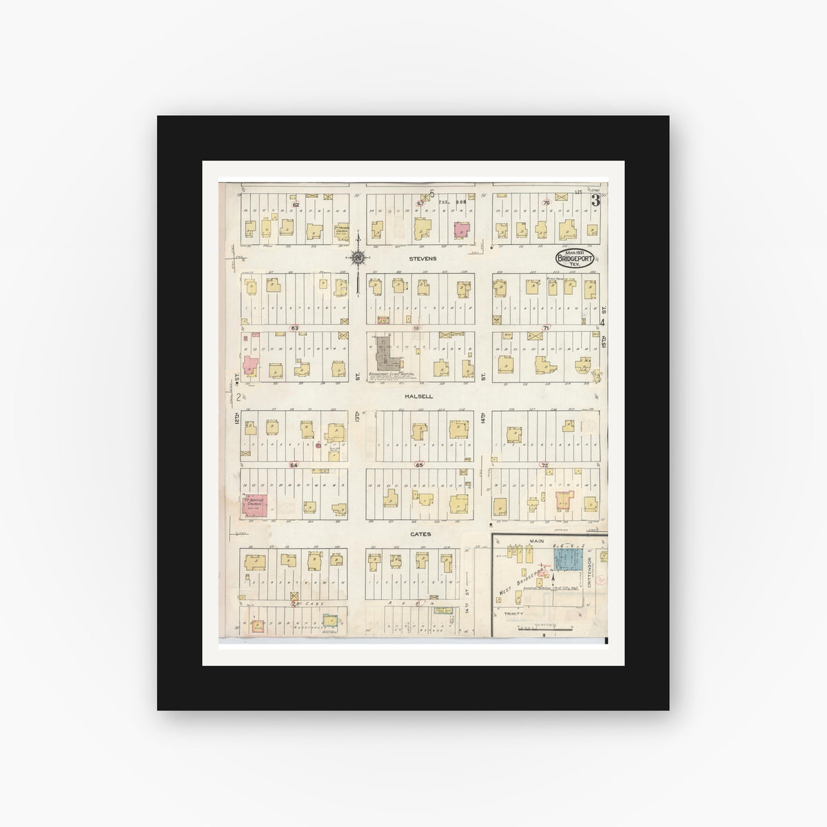 Old map wall art mockup — black gallery frame with white mat — Sanborn Fire Insurance Map from Bridgeport, Wise County, Texas (1944), Sheet #0003