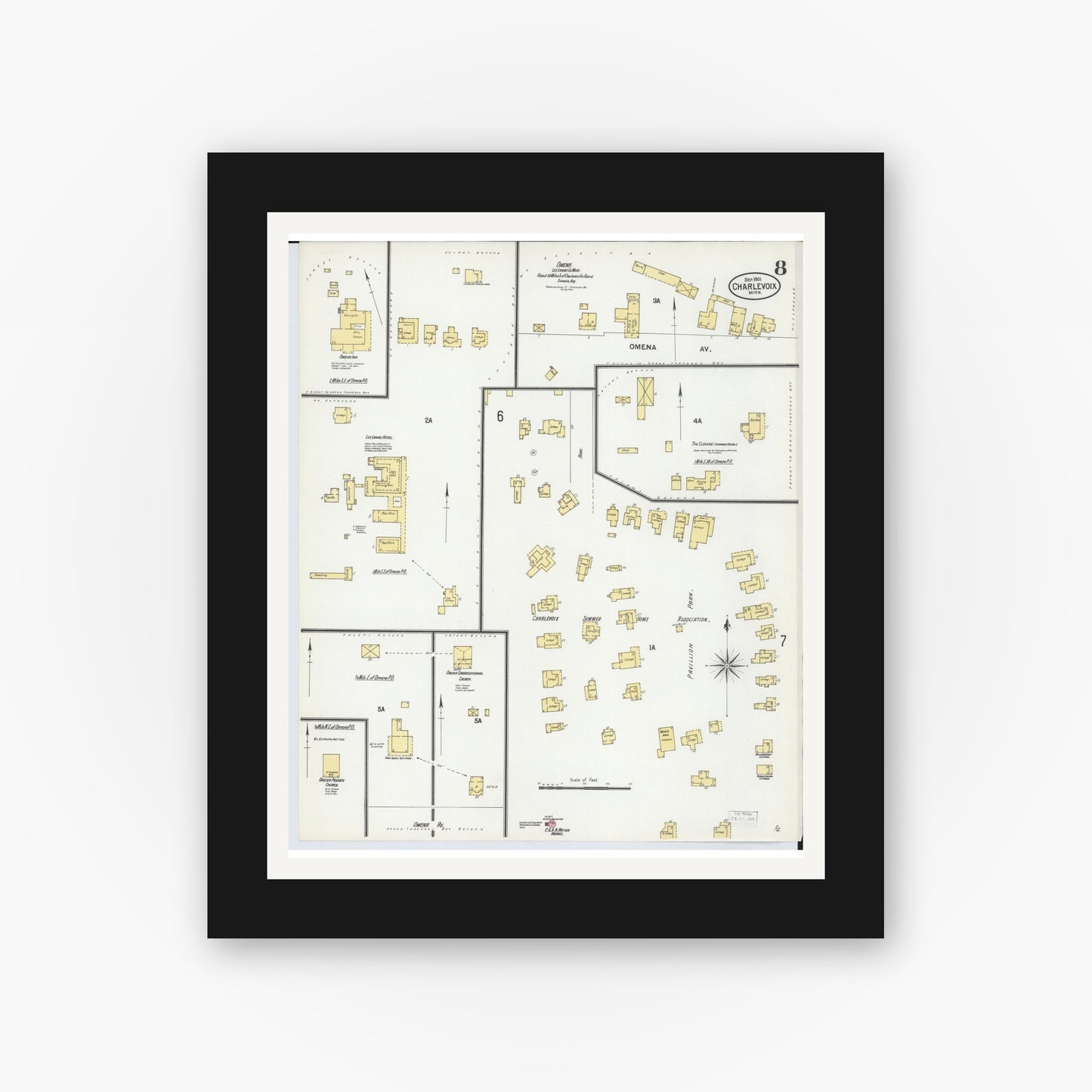 Old map wall art mockup — black gallery frame with white mat — Sanborn Fire Insurance Map from Charlevoix, Charlevoix County, Michigan (1901), Sheet #0008