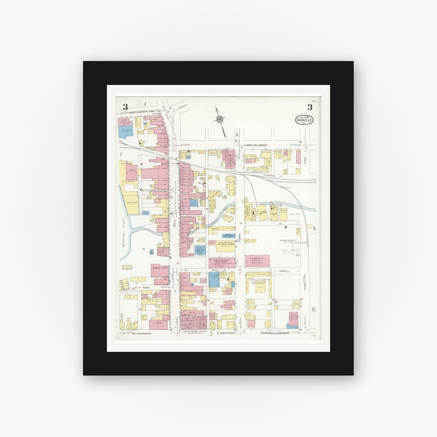 Old map wall art mockup — black gallery frame with white mat — Sanborn Fire Insurance Map from Danville, Montour County, Pennsylvania (1930), Sheet #0003