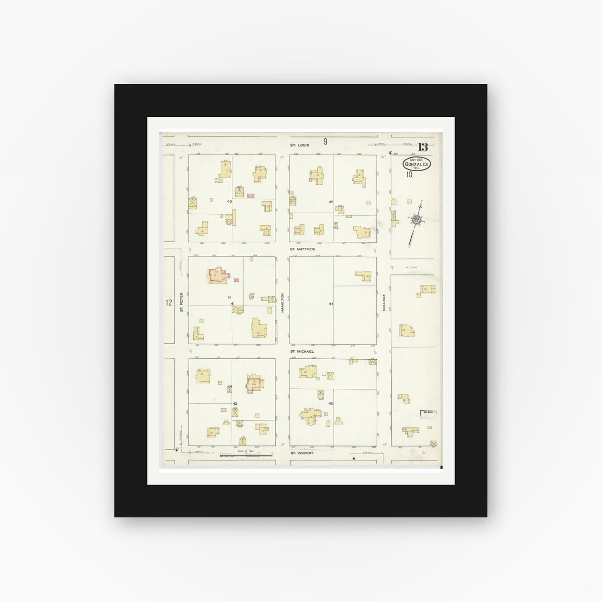 Old map wall art mockup — black gallery frame with white mat — Sanborn Fire Insurance Map from Gonzales, Gonzales County, Texas (1912), Sheet #0013