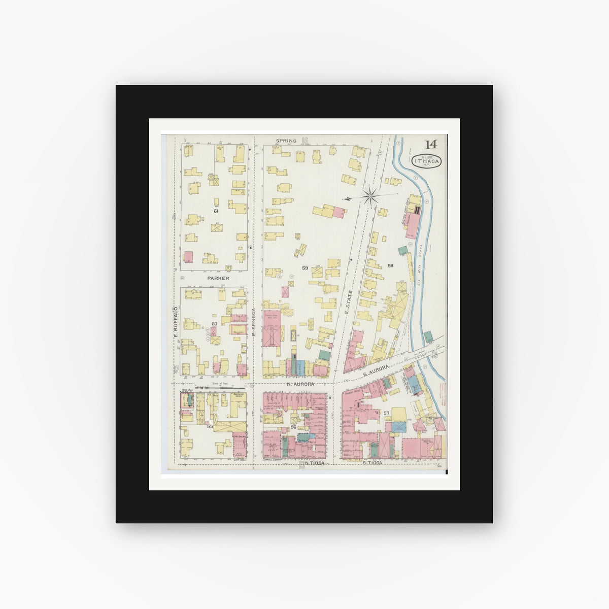 Old map wall art mockup — black gallery frame with white mat — Sanborn Fire Insurance Map from Ithaca, Tompkins County, New York (1893), Sheet #0014