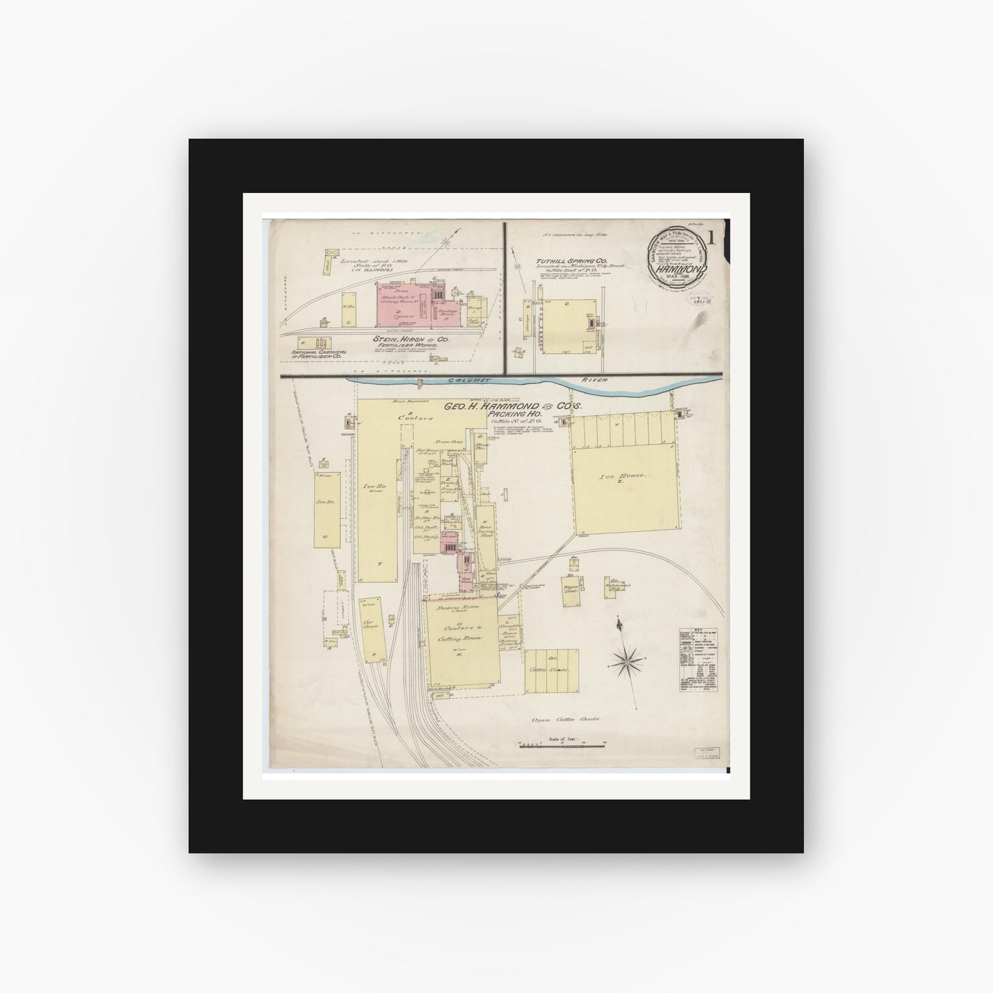 Old map wall art mockup — black gallery frame with white mat — Sanborn Fire Insurance Map from Hammond, Lake County, Indiana (1886) - Complete Map Set