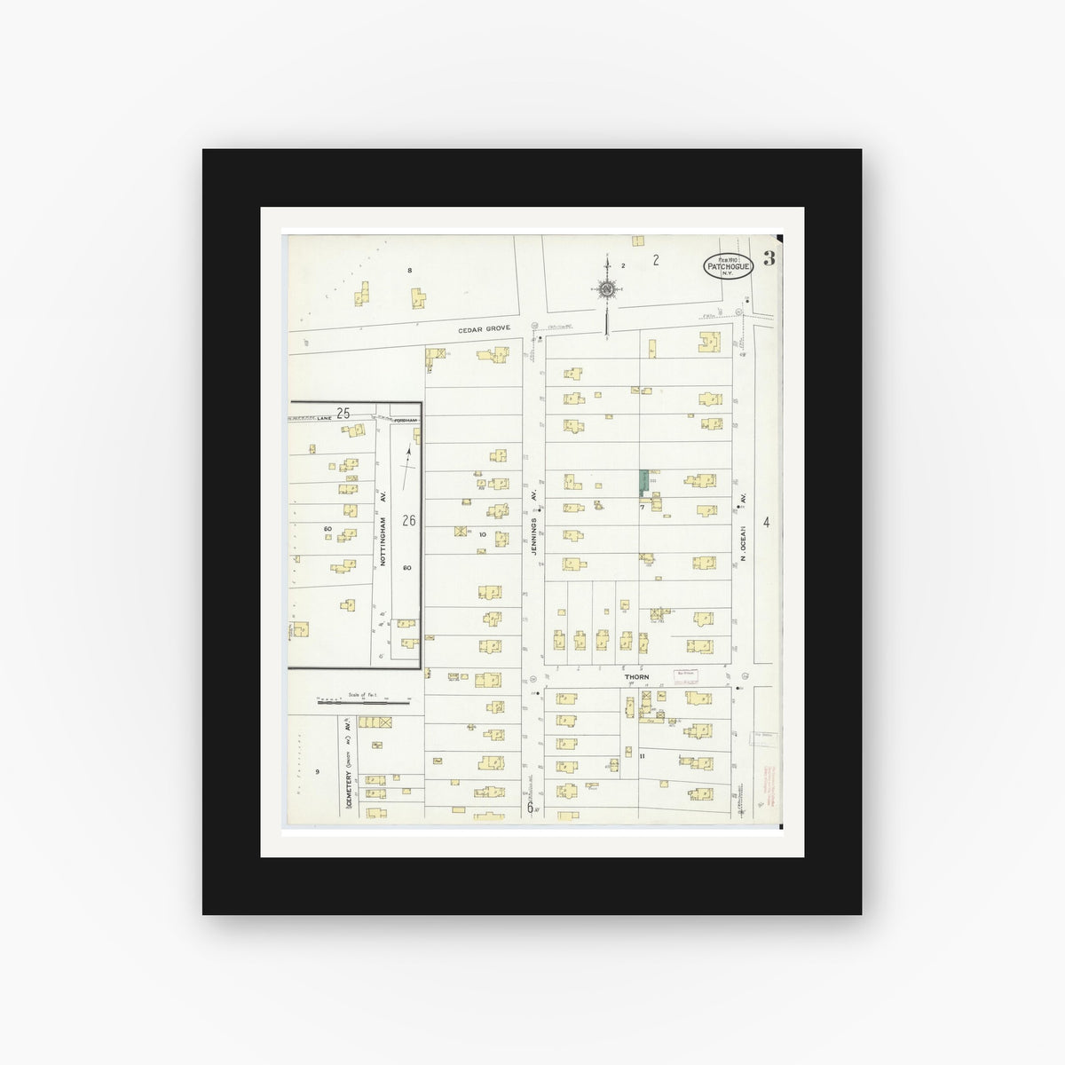 Old map wall art mockup — black gallery frame with white mat — Sanborn Fire Insurance Map from Patchogue, Suffolk County, New York (1910), Sheet #0003