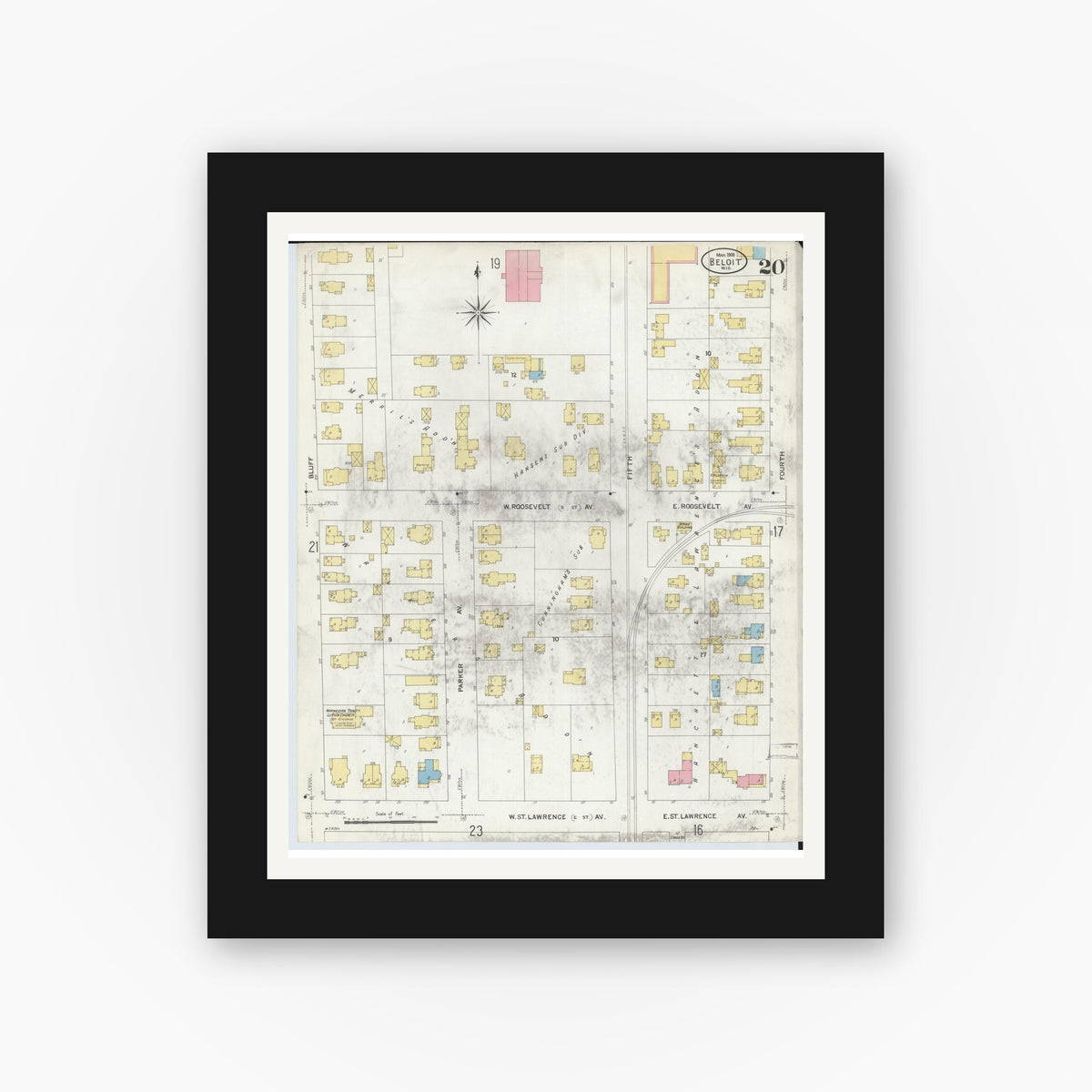 Old map wall art mockup — black gallery frame with white mat — Sanborn Fire Insurance Map from Beloit, Rock County, Wisconsin (1908), Sheet #0020