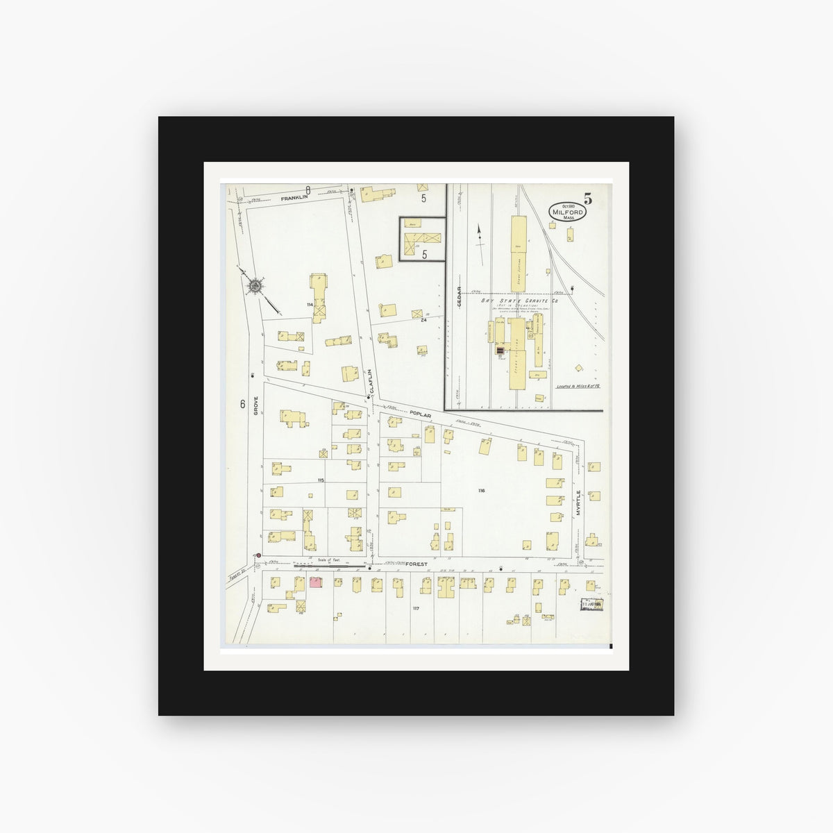 Old map wall art mockup — black gallery frame with white mat — Sanborn Fire Insurance Map from Milford, Worcester County, Massachusetts (1910), Sheet #0005