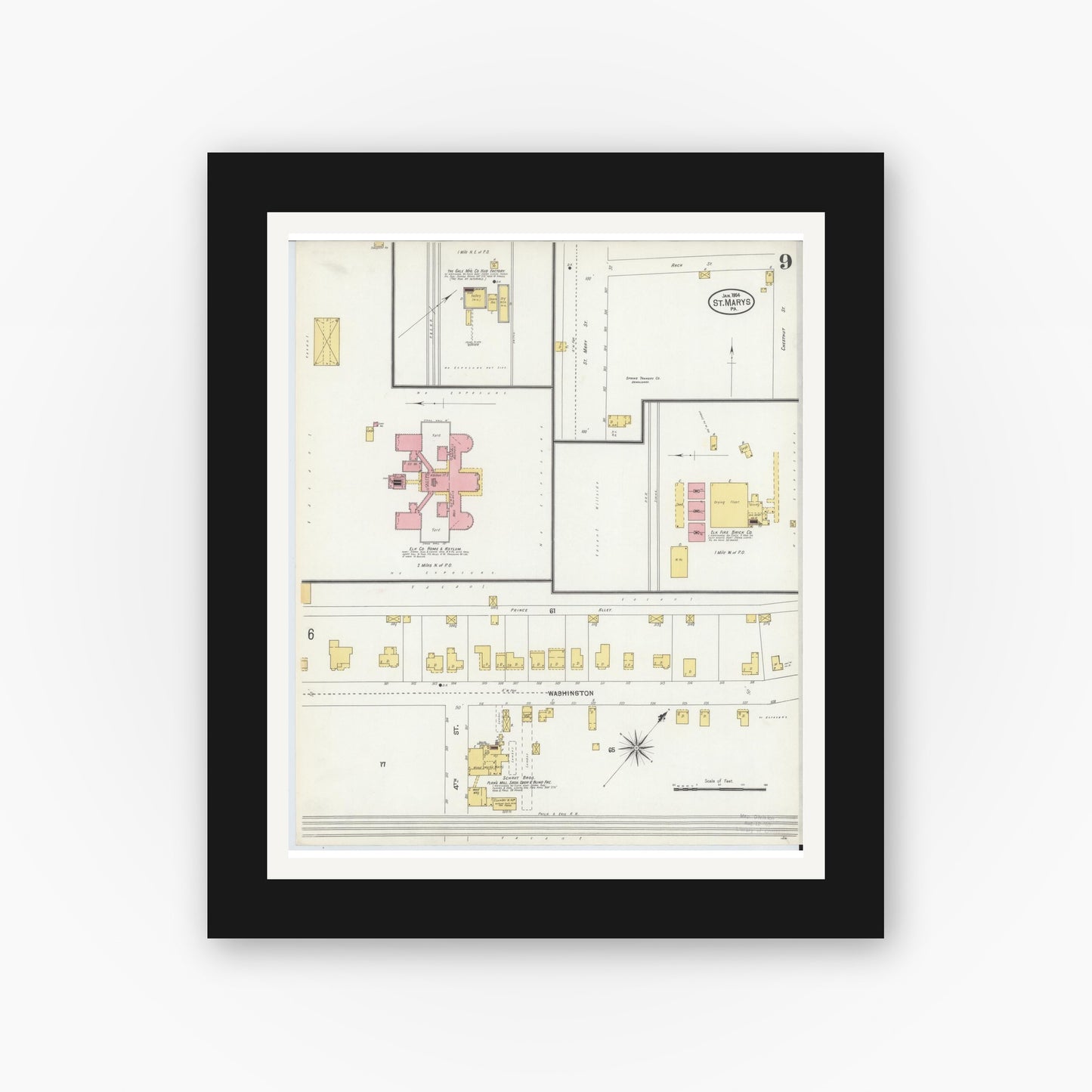 Old map wall art mockup — black gallery frame with white mat — Sanborn Fire Insurance Map from Saint Marys, Elk County, Pennsylvania (1904), Sheet #0009