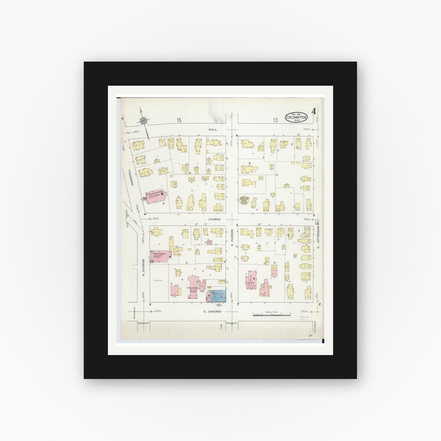 Old map wall art mockup — black gallery frame with white mat — Sanborn Fire Insurance Map from Coldwater, Branch County, Michigan (1914), Sheet #0004