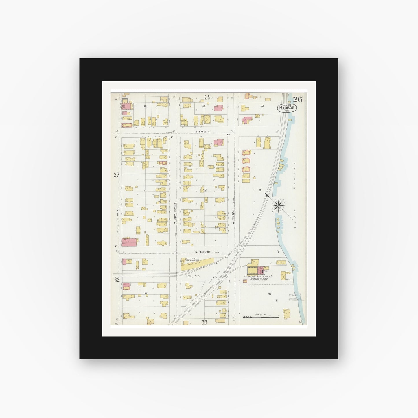 Old map wall art mockup — black gallery frame with white mat — Sanborn Fire Insurance Map from Madison, Dane County, Wisconsin (1902), Sheet #0026