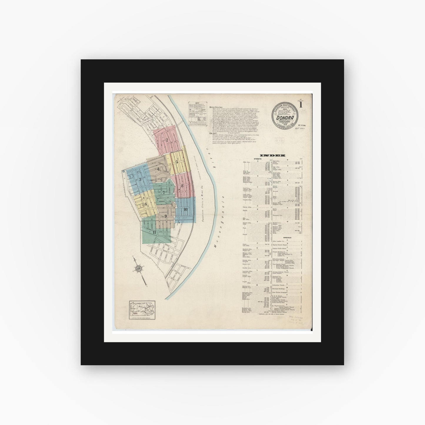 Old map wall art mockup — black gallery frame with white mat — Sanborn Fire Insurance Map from Donora, Washington County, Pennsylvania (1914) - Complete Map Set