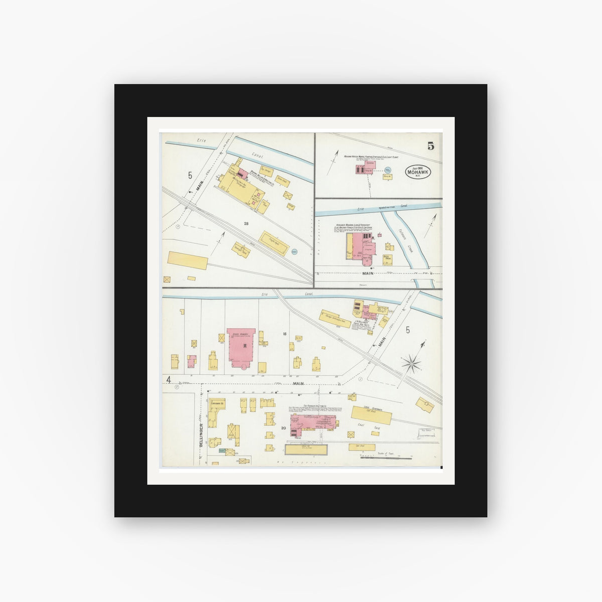 Old map wall art mockup — black gallery frame with white mat — Sanborn Fire Insurance Map from Mohawk, Herkimer County, New York (1902), Sheet #0005